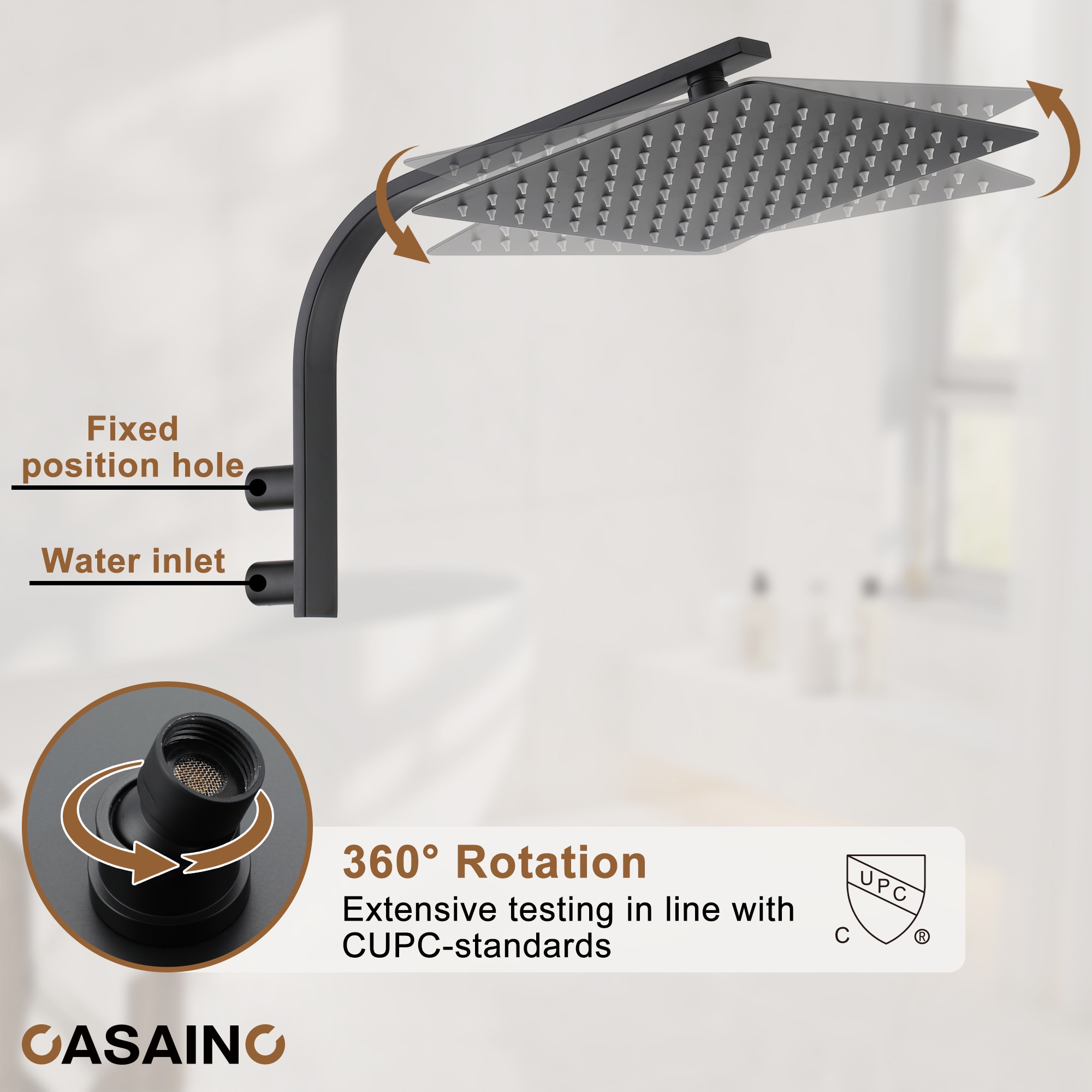 Regadera Termostática de Lujo Mate Negro de CASAINC con 1 Manija y Función Única de 10 Pulgadas con Válvula WF-N93101LSJ-10