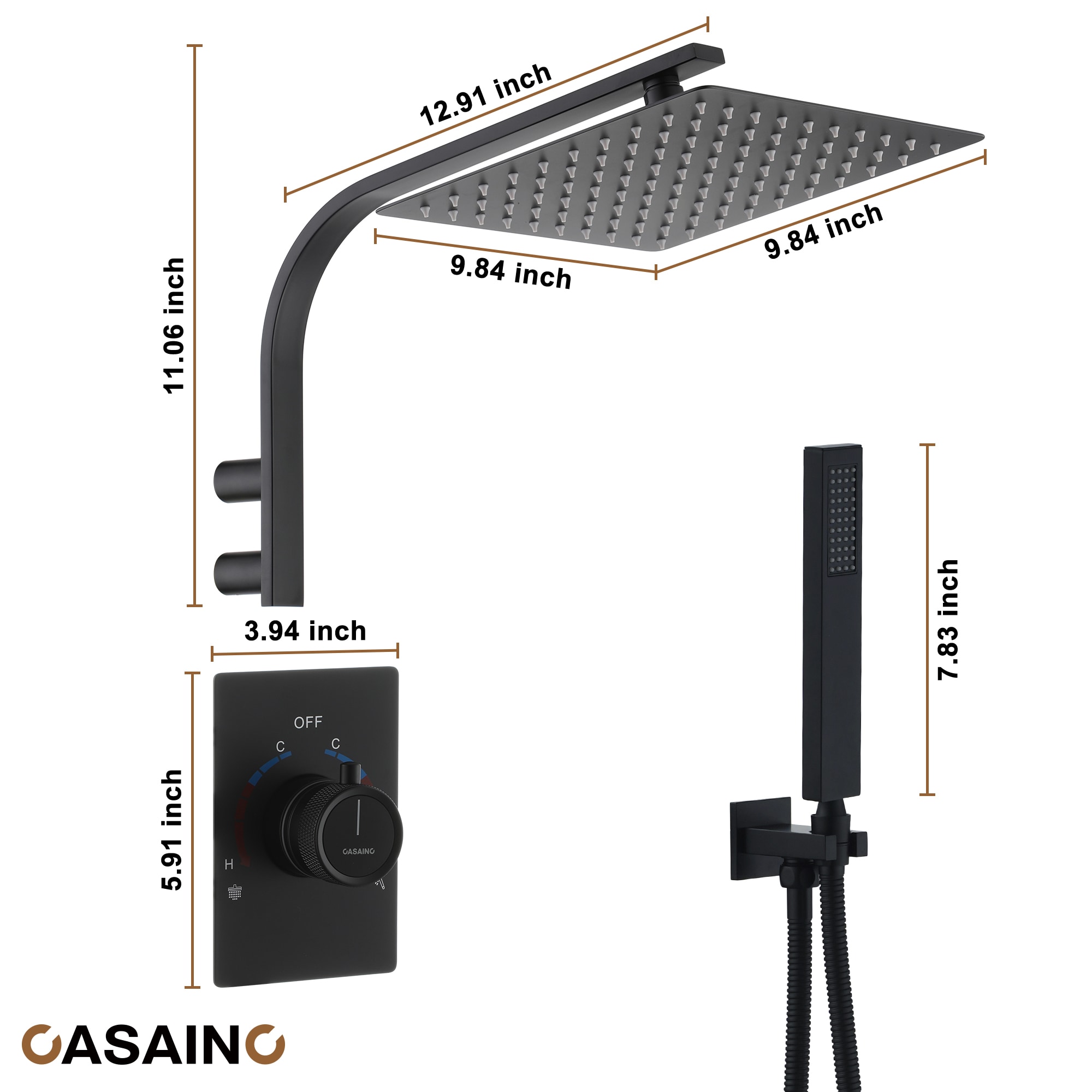Regadera Termostática de Lujo Mate Negro de CASAINC con 1 Manija y Función Única de 10 Pulgadas con Válvula WF-N93101LSJ-10