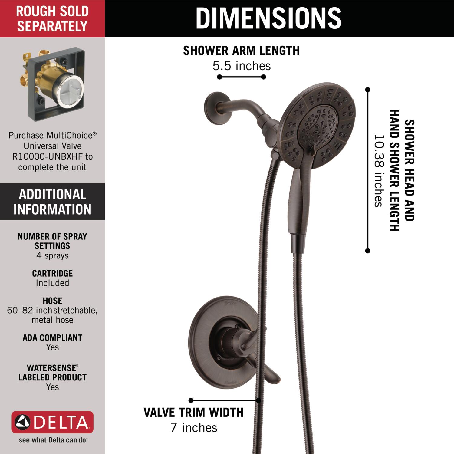 Llave de regadera redonda de dos manijas en bronce veneciano Delta Linden T17294-RB-I con funciones múltiples de 6.33 pulgadas.