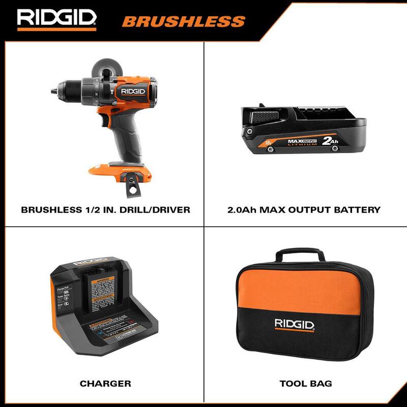 KIT de Taladro/Atornillador sin escobillas RIDGID 18V inalámbrico de 1/2 pulgadas con batería de salida MAX de 2.0 Ah y cargador de 18V - R86114KN