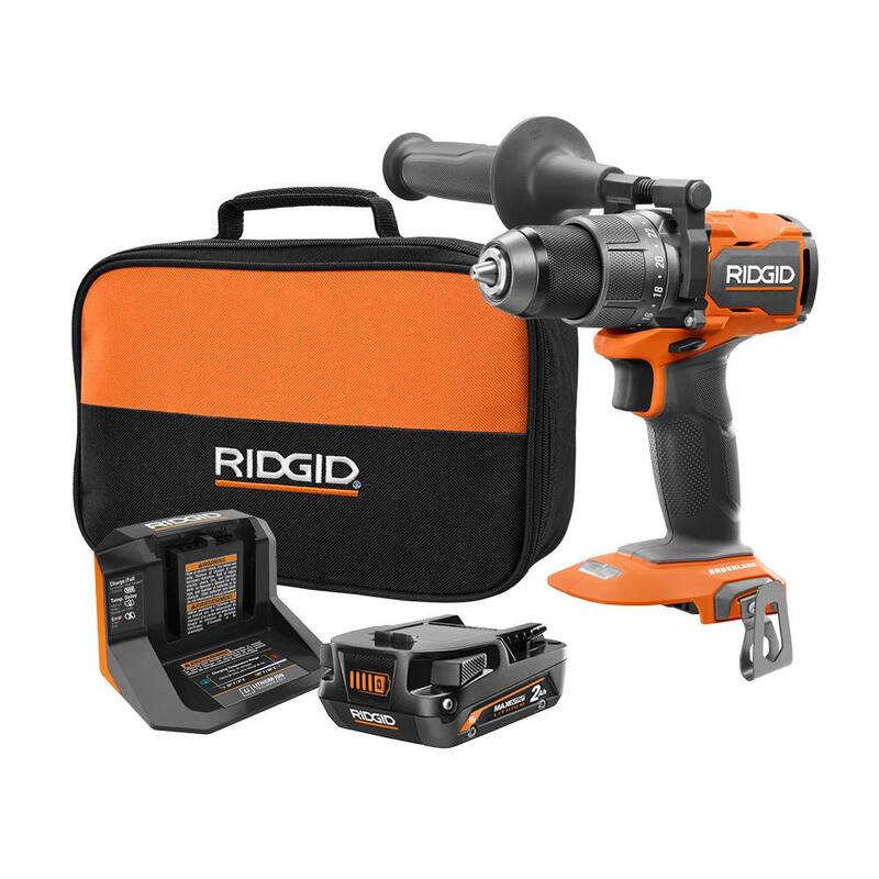 KIT de Taladro/Atornillador sin escobillas RIDGID 18V inalámbrico de 1/2 pulgadas con batería de salida MAX de 2.0 Ah y cargador de 18V - R86114KN