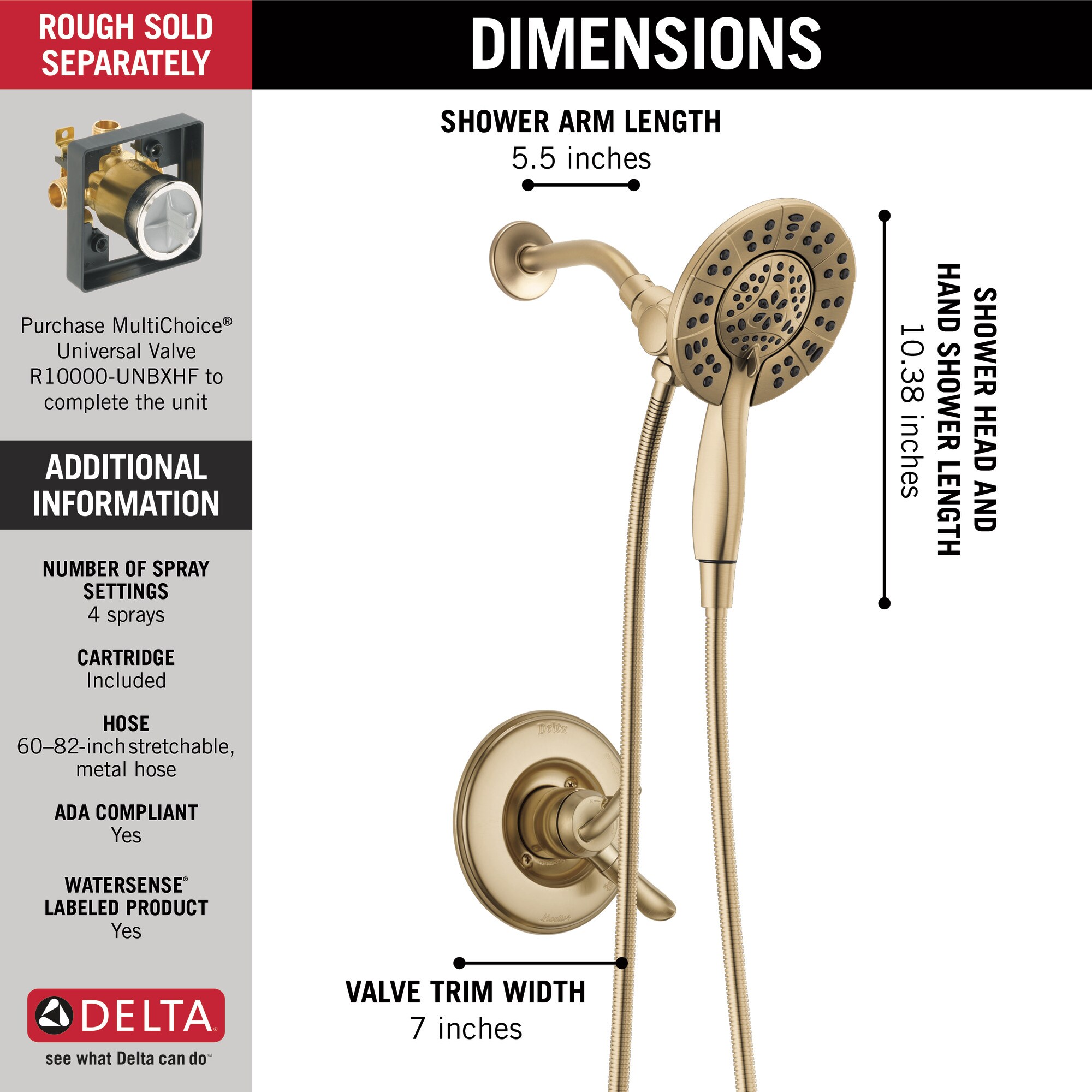 Grifo de ducha redondo de dos manijas en bronce champán Delta Linden 6.33 pulgadas, multi-funcional T17294-CZ-I.