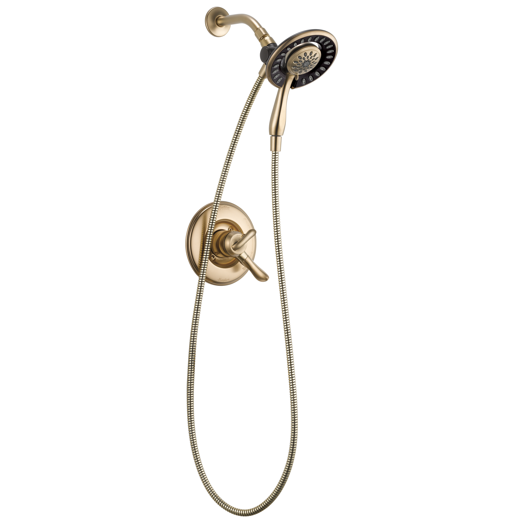 Grifo de ducha redondo de dos manijas en bronce champán Delta Linden 6.33 pulgadas, multi-funcional T17294-CZ-I.