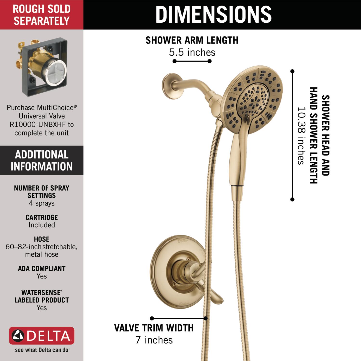 Grifo de ducha redondo de dos manijas en bronce champán Delta Linden 6.33 pulgadas, multi-funcional T17294-CZ-I.