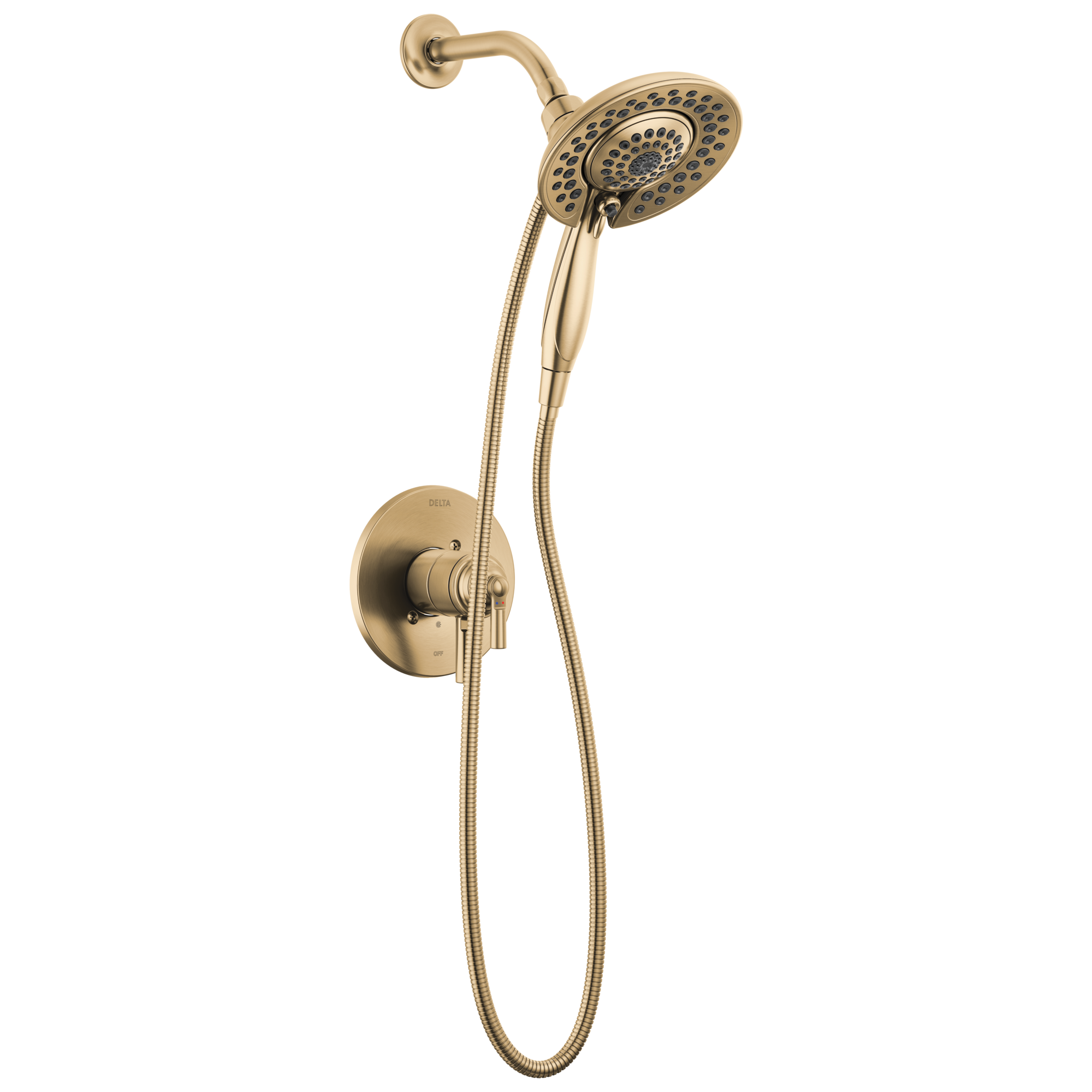 Regadera redonda de 6.81 pulgadas con 2 manijas en color bronce champagne Delta Saylor T17235-CZ-I.