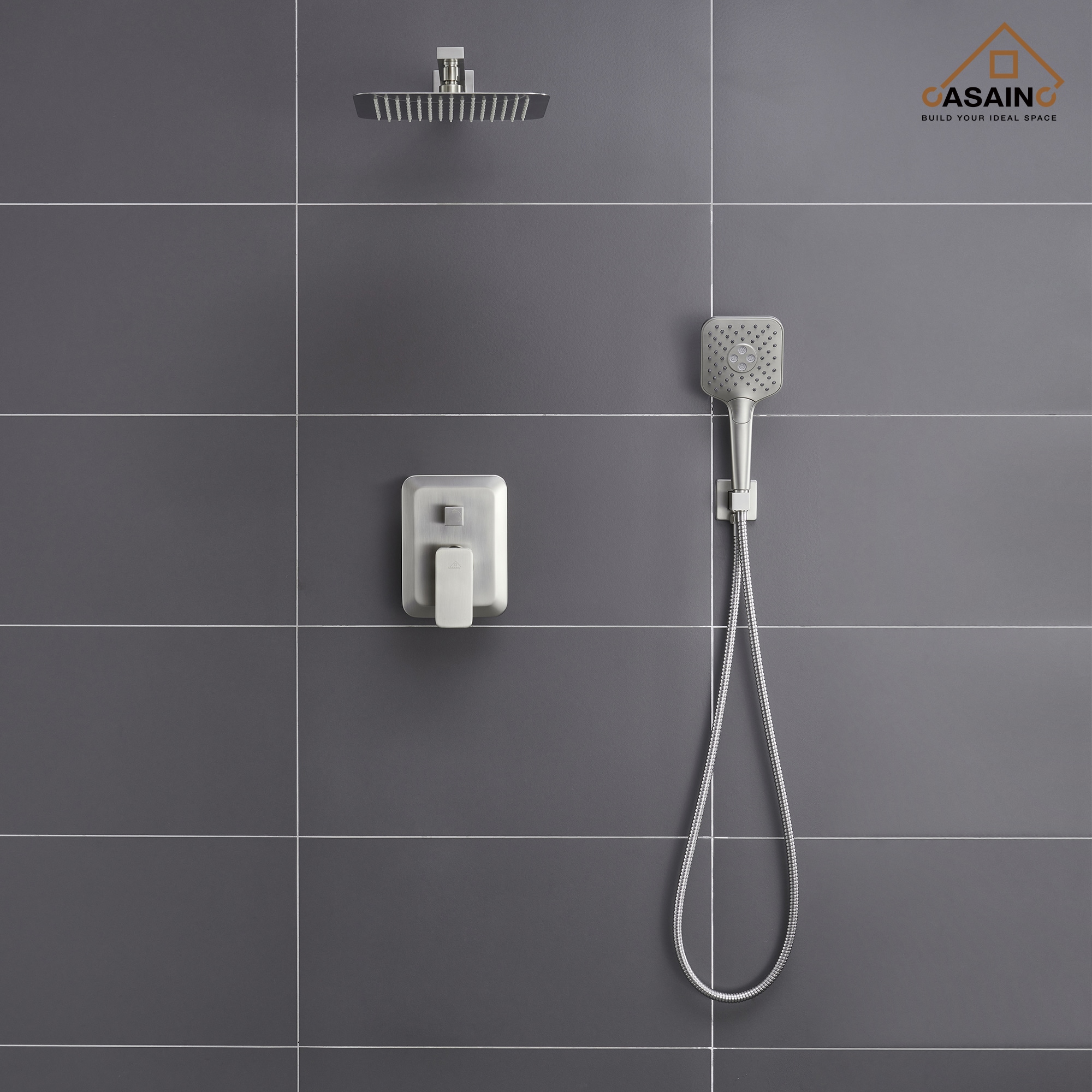 Sistema de regadera CASAINC en Níquel Cepillado con 1 mango y función única de 9.8 pulgadas, modelo cuadrado con válvula HM-B205-SQ-BN