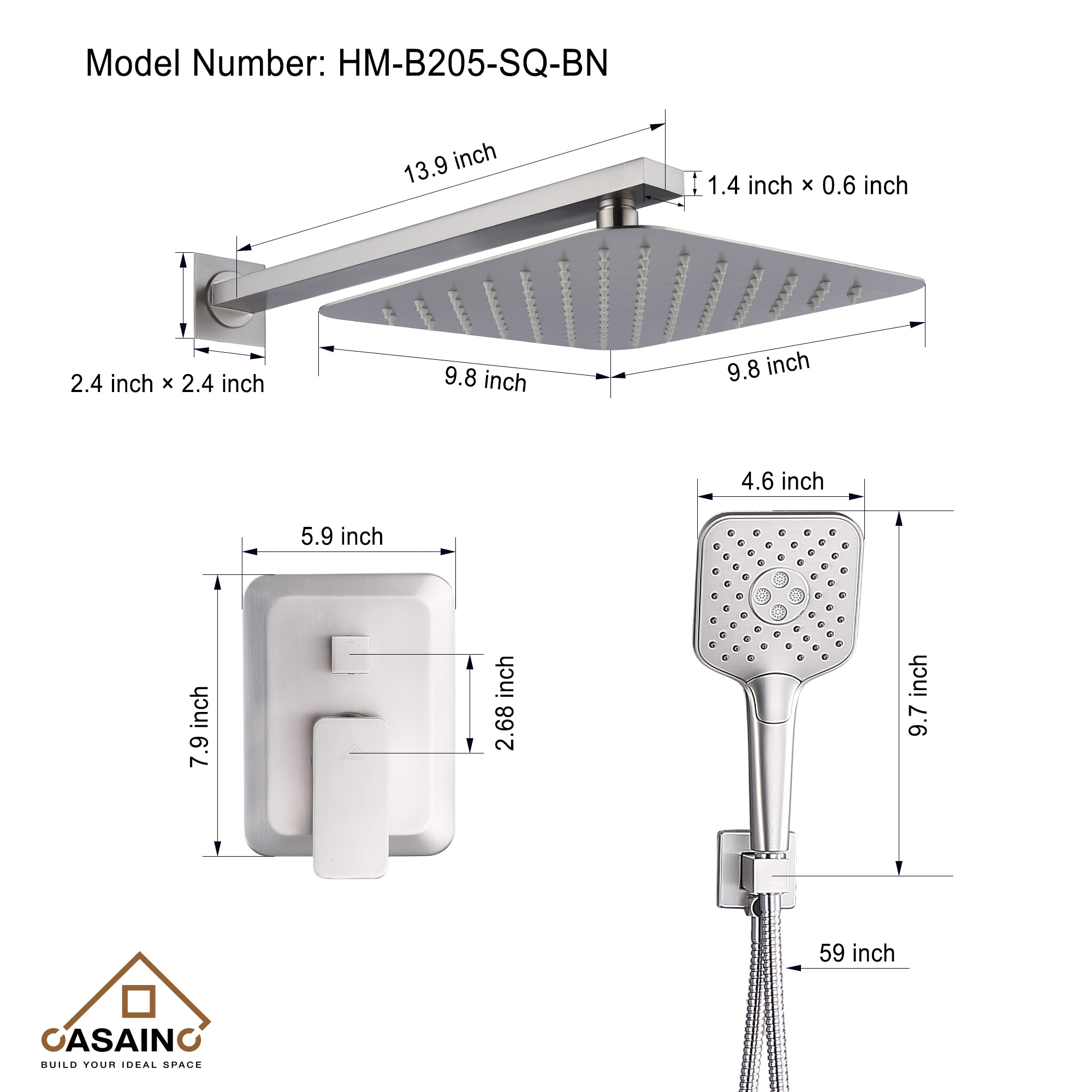 Sistema de regadera CASAINC en Níquel Cepillado con 1 mango y función única de 9.8 pulgadas, modelo cuadrado con válvula HM-B205-SQ-BN