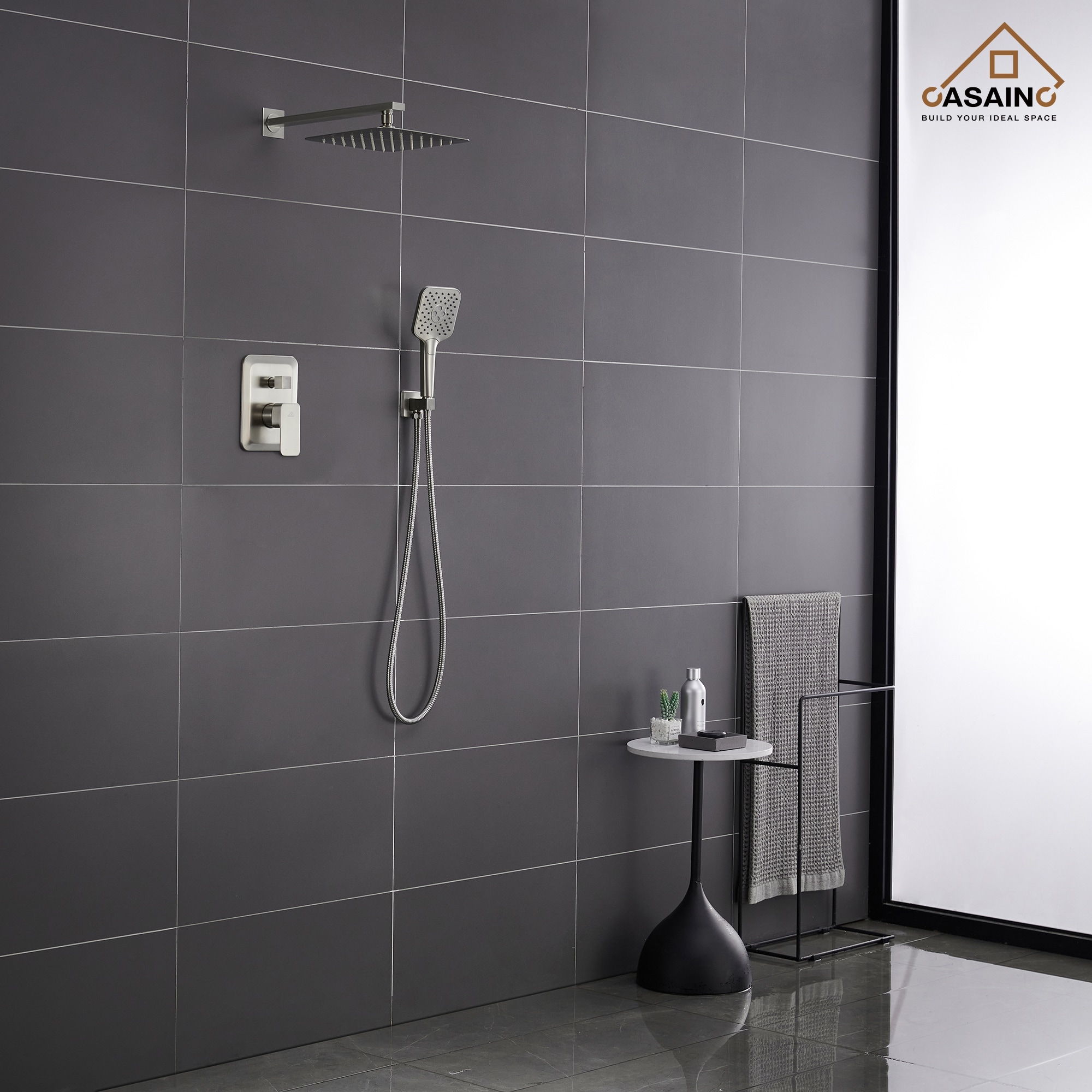 Sistema de regadera CASAINC en Níquel Cepillado con 1 mango y función única de 9.8 pulgadas, modelo cuadrado con válvula HM-B205-SQ-BN