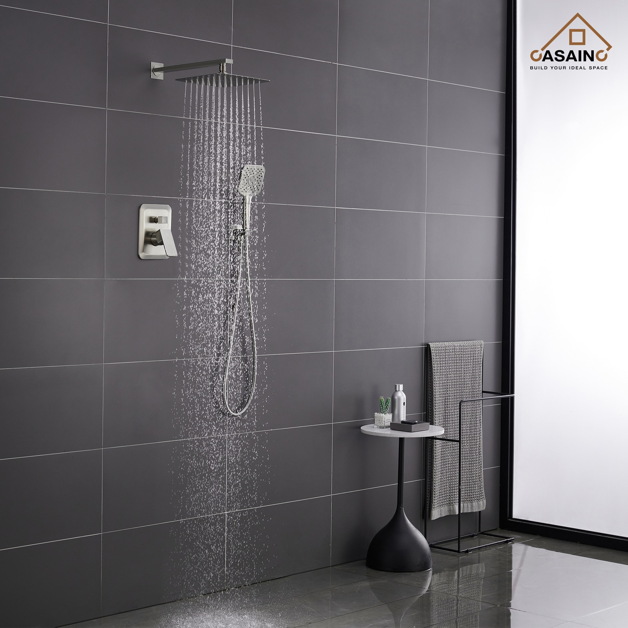 Sistema de regadera CASAINC en Níquel Cepillado con 1 mango y función única de 9.8 pulgadas, modelo cuadrado con válvula HM-B205-SQ-BN