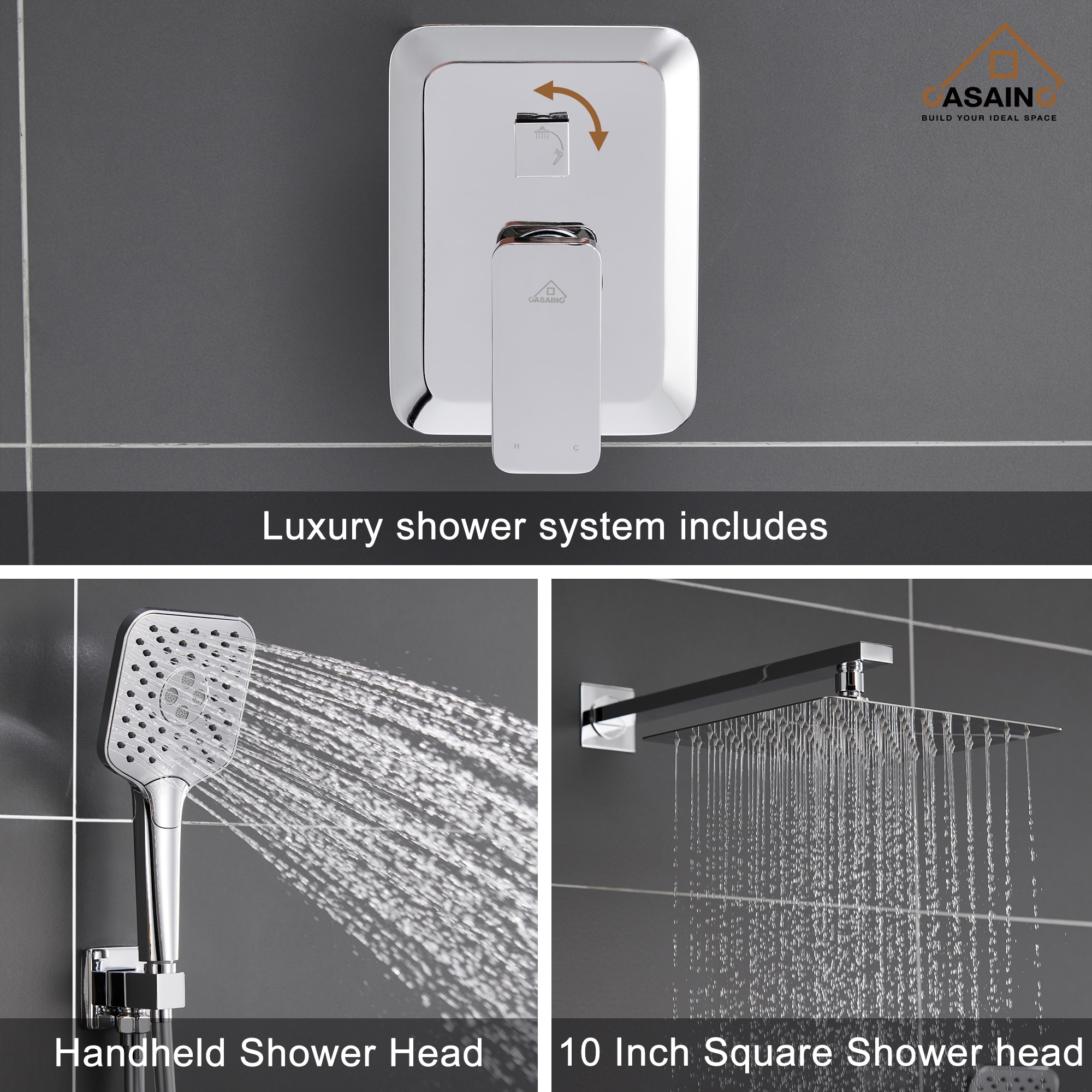 Sistema de regadera CASAINC Cromado de 1 mango Función única 9.8 pulgadas Cuadrado Grifo de ducha con válvula HM-B205-SQ-CP