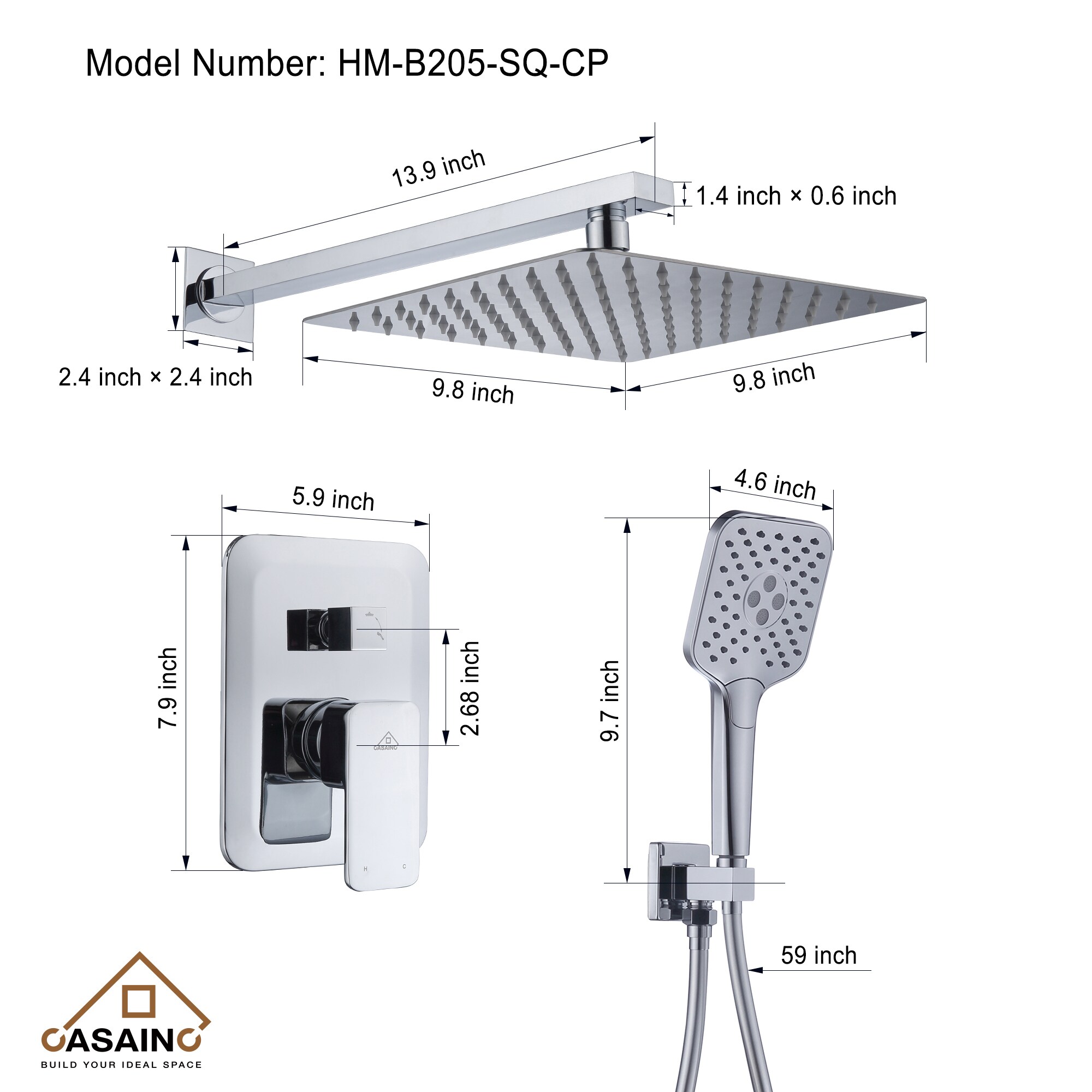Sistema de regadera CASAINC Cromado de 1 mango Función única 9.8 pulgadas Cuadrado Grifo de ducha con válvula HM-B205-SQ-CP