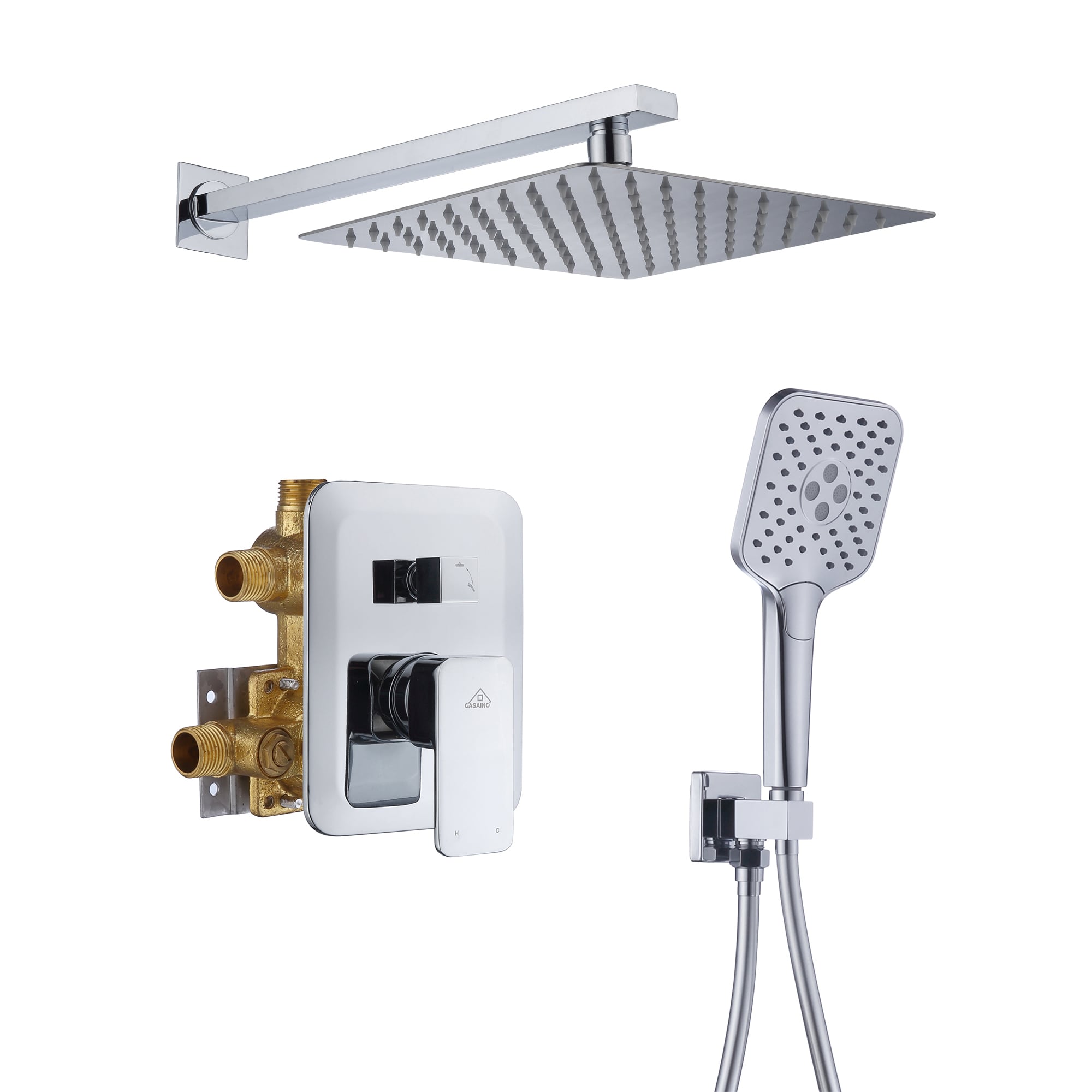 Sistema de regadera CASAINC Cromado de 1 mango Función única 9.8 pulgadas Cuadrado Grifo de ducha con válvula HM-B205-SQ-CP
