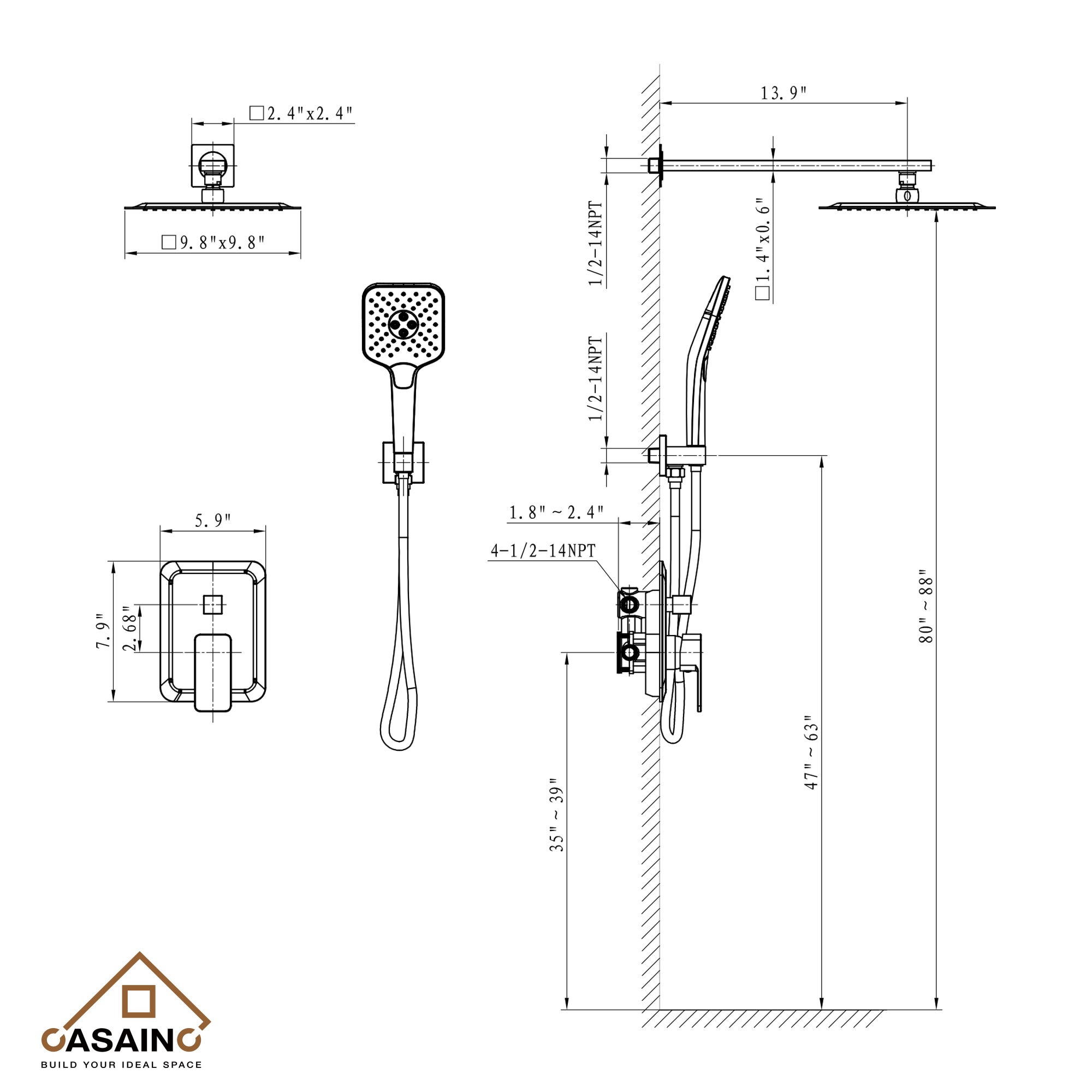 Sistema de regadera CASAINC Cromado de 1 mango Función única 9.8 pulgadas Cuadrado Grifo de ducha con válvula HM-B205-SQ-CP