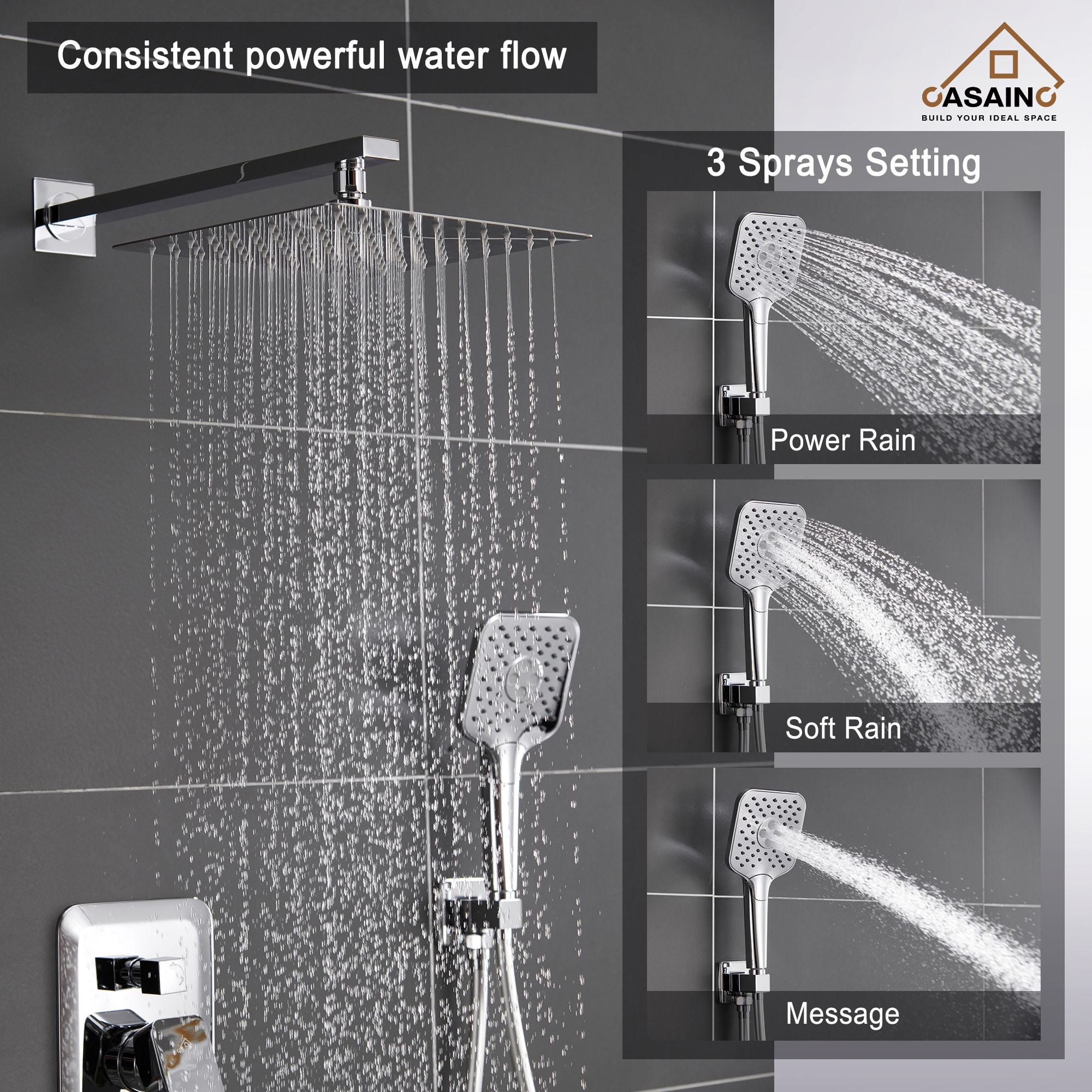 Sistema de regadera CASAINC Cromado de 1 mango Función única 9.8 pulgadas Cuadrado Grifo de ducha con válvula HM-B205-SQ-CP