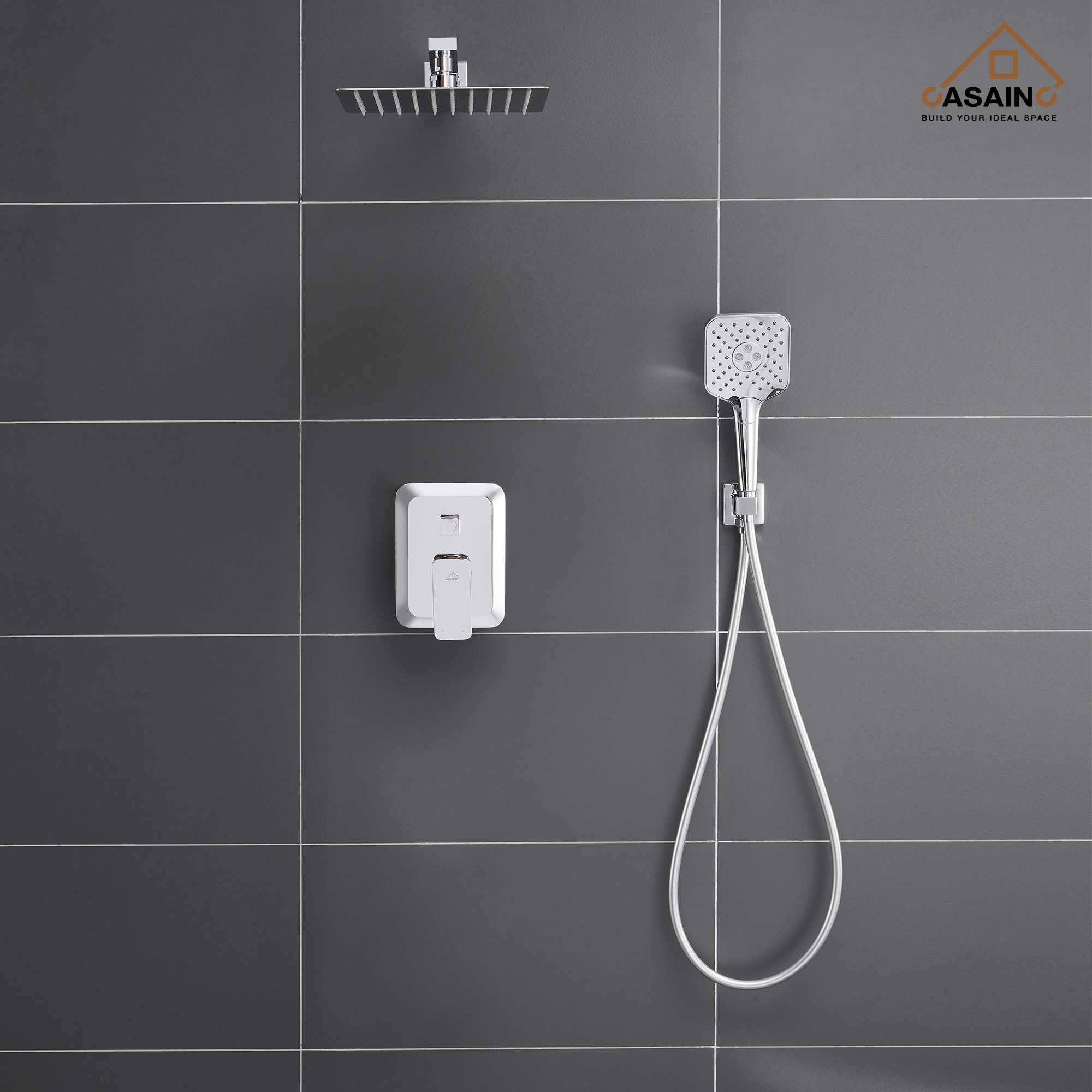 Sistema de regadera CASAINC Cromado de 1 mango Función única 9.8 pulgadas Cuadrado Grifo de ducha con válvula HM-B205-SQ-CP