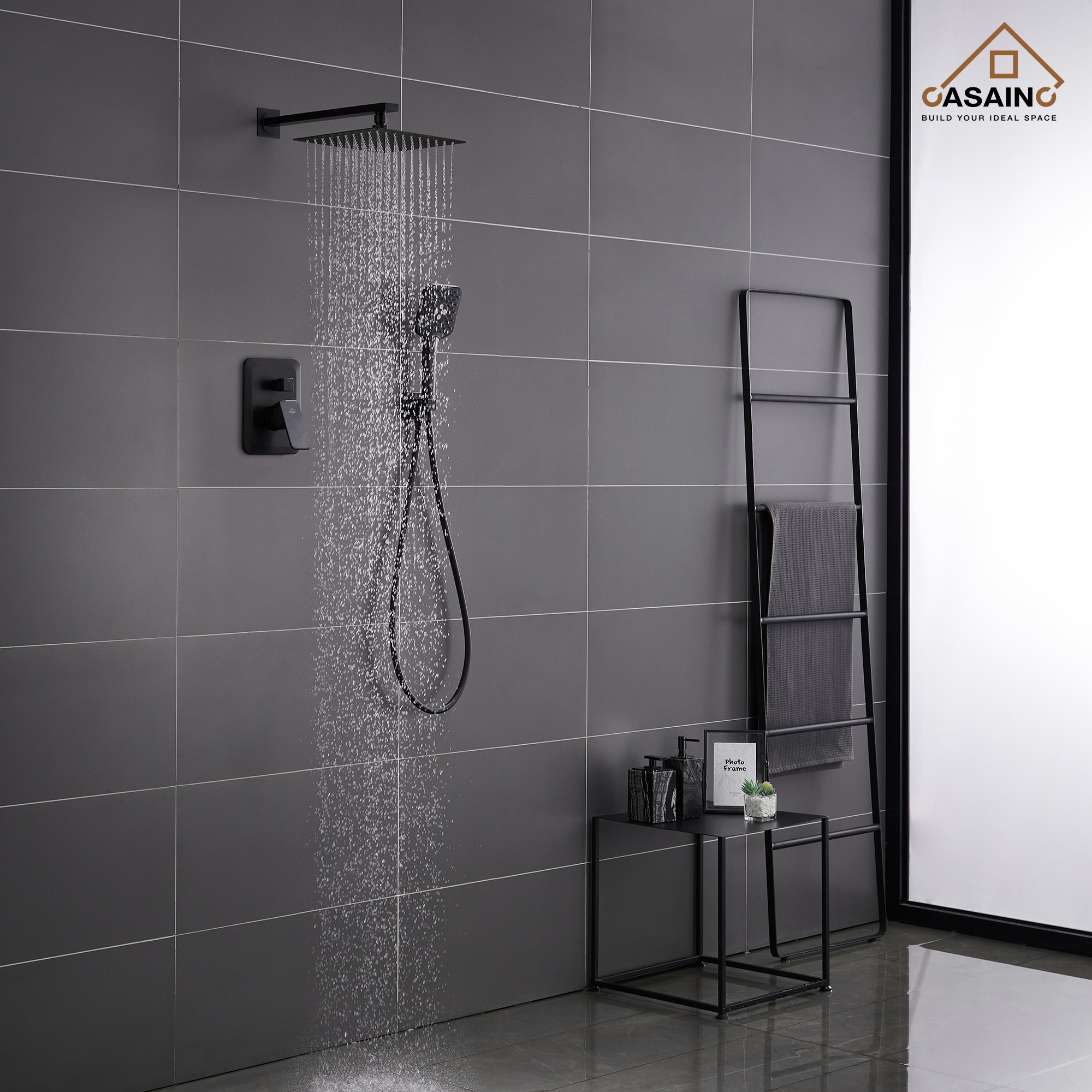 Sistema de regadera CASAINC en negro mate con 1 mango, función única, cabezal cuadrado de 9.8 pulgadas y válvula HM-B205-SQ-MB.