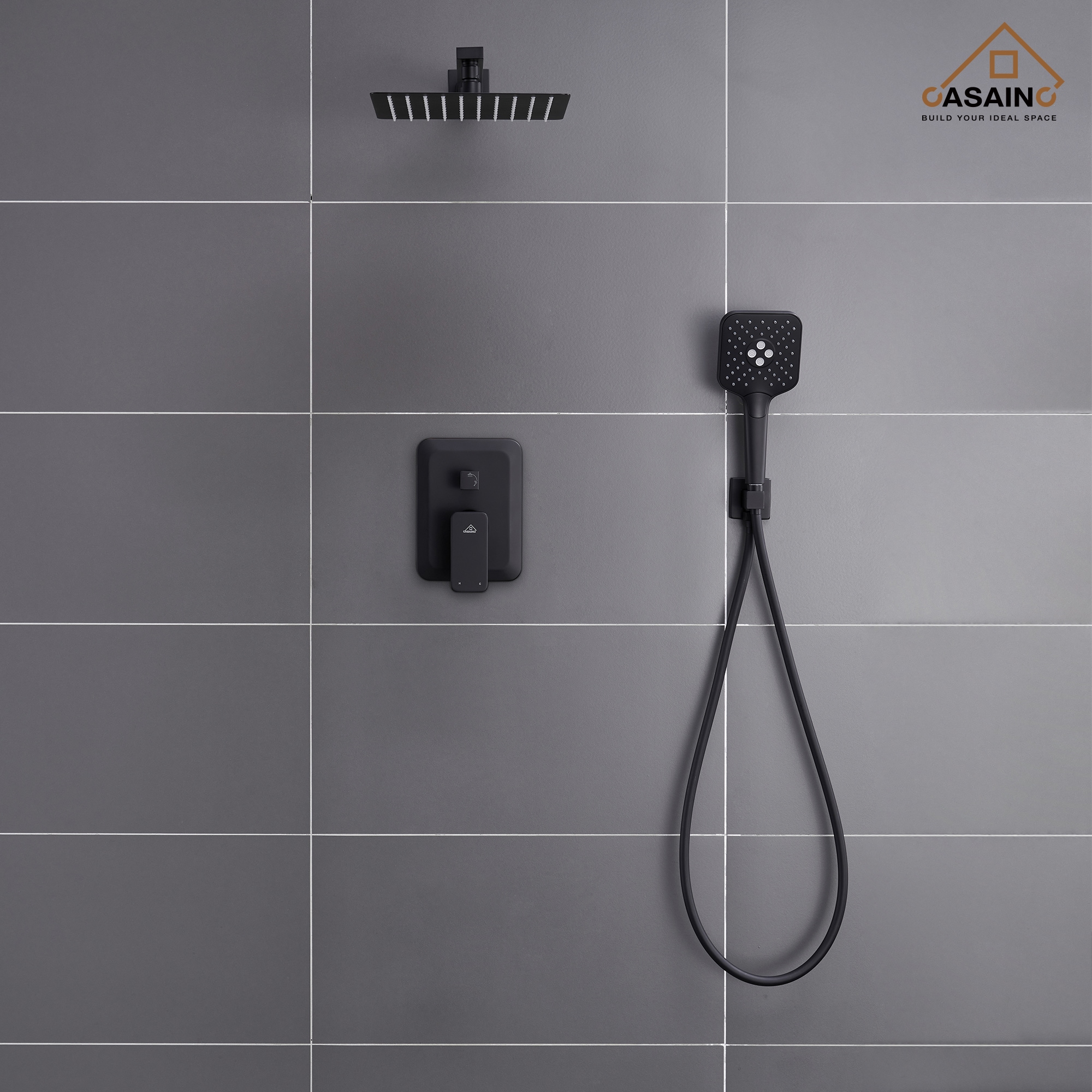 Sistema de regadera CASAINC en negro mate con 1 mango, función única, cabezal cuadrado de 9.8 pulgadas y válvula HM-B205-SQ-MB.