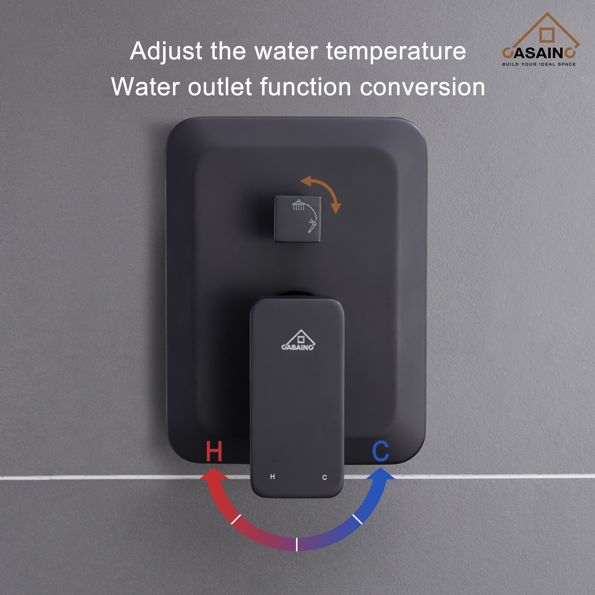 Sistema de regadera CASAINC en negro mate con 1 mango, función única, cabezal cuadrado de 9.8 pulgadas y válvula HM-B205-SQ-MB.