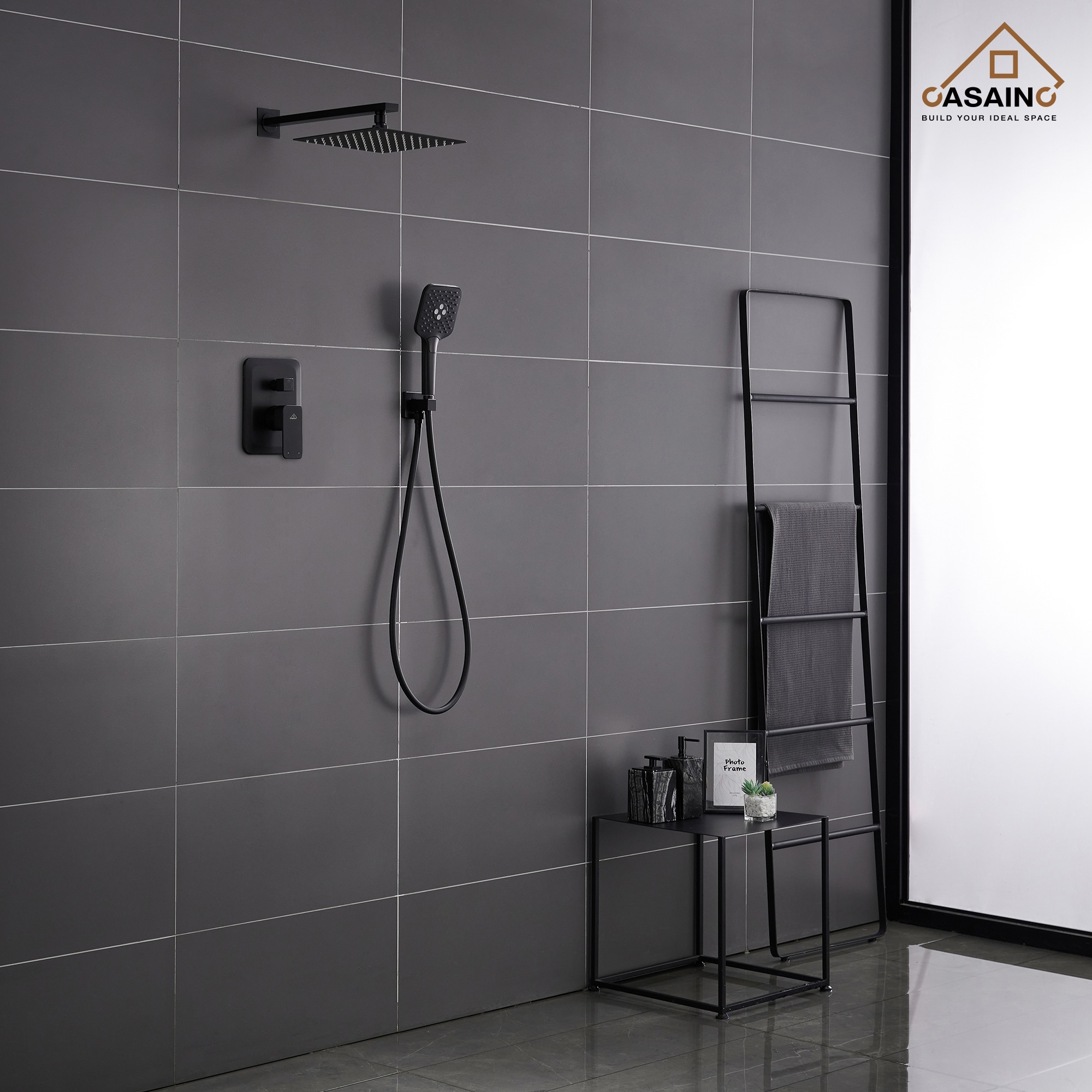 Sistema de regadera CASAINC en negro mate con 1 mango, función única, cabezal cuadrado de 9.8 pulgadas y válvula HM-B205-SQ-MB.