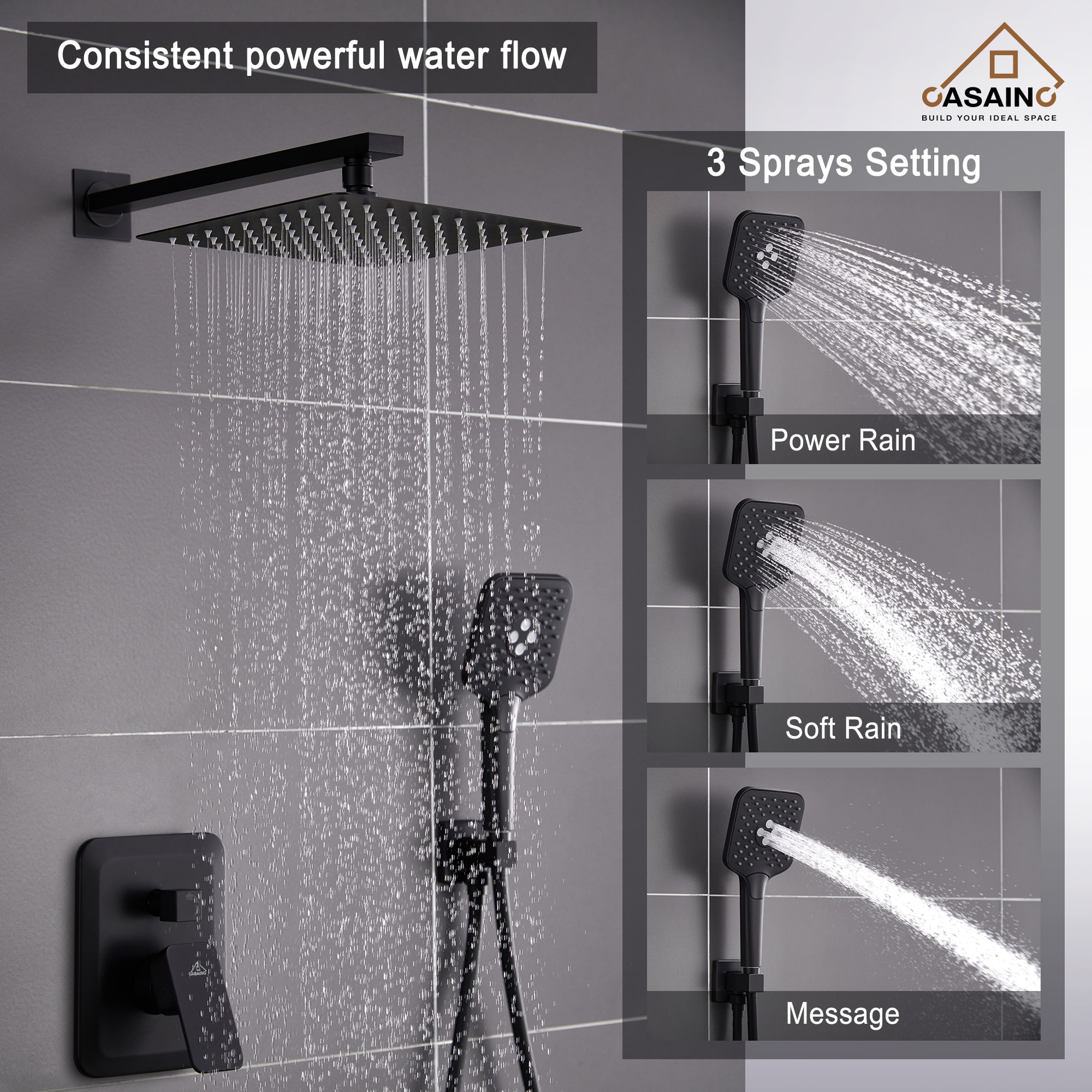 Sistema de regadera CASAINC en negro mate con 1 mango, función única, cabezal cuadrado de 9.8 pulgadas y válvula HM-B205-SQ-MB.