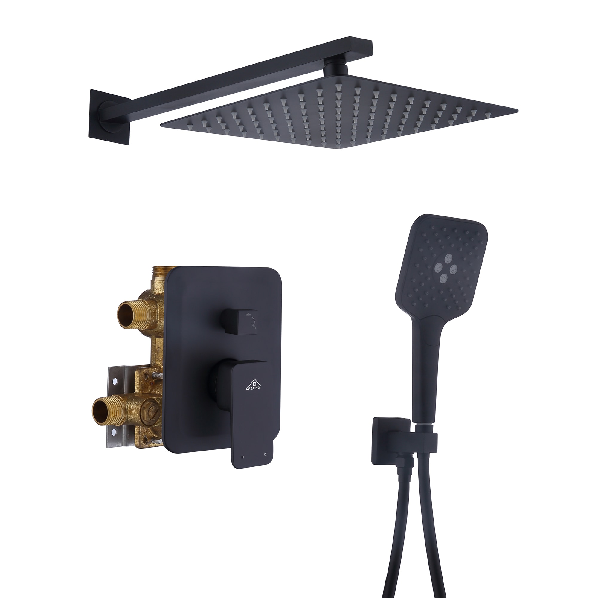 Sistema de regadera CASAINC en negro mate con 1 mango, función única, cabezal cuadrado de 9.8 pulgadas y válvula HM-B205-SQ-MB.