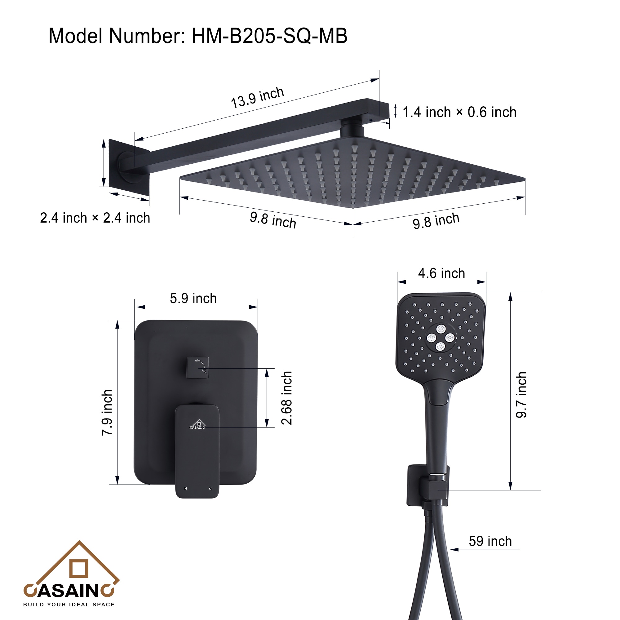 Sistema de regadera CASAINC en negro mate con 1 mango, función única, cabezal cuadrado de 9.8 pulgadas y válvula HM-B205-SQ-MB.