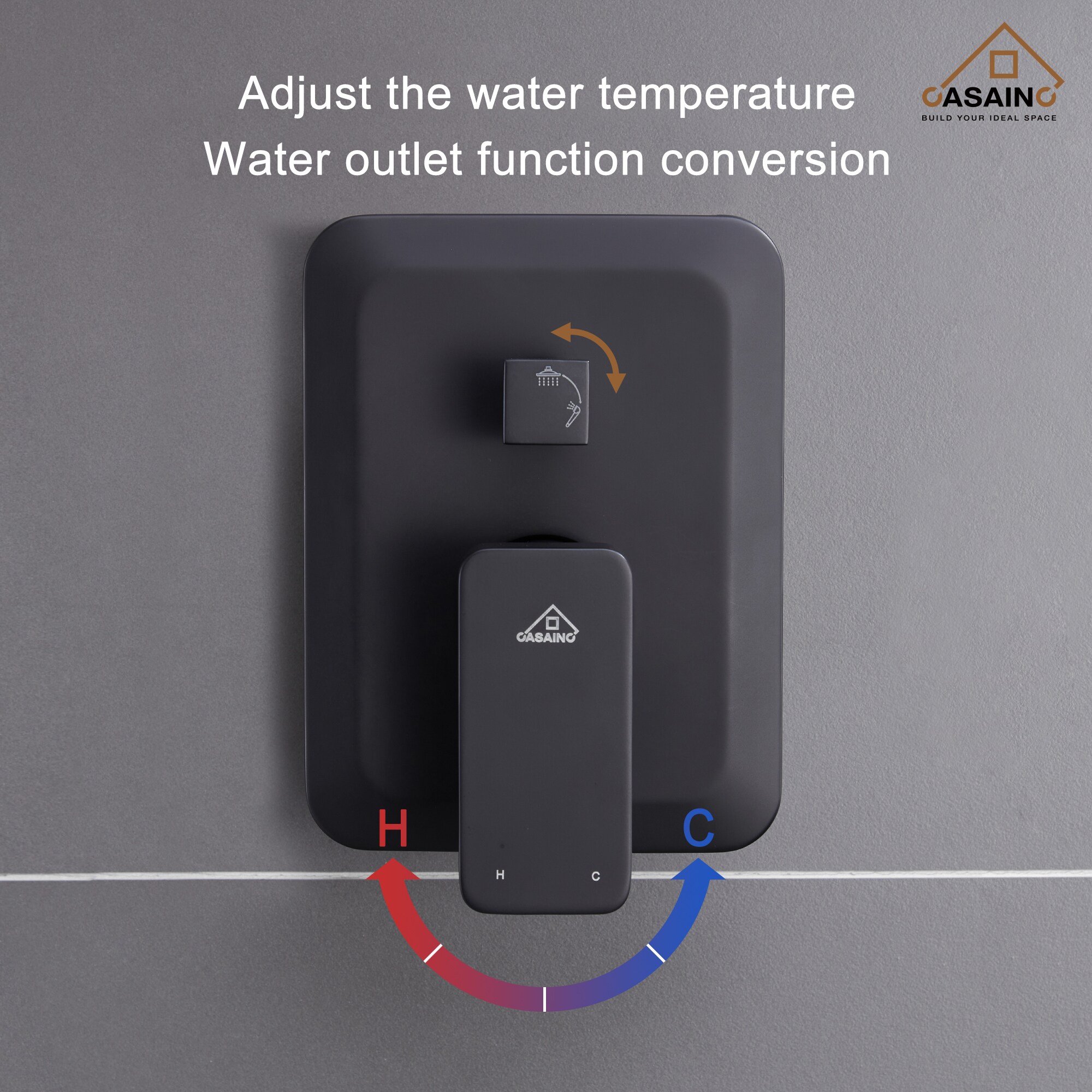 Sistema de regadera CASAINC en negro mate con 1 mango, función única, cabezal cuadrado de 9.8 pulgadas y válvula HM-B205-SQ-MB.