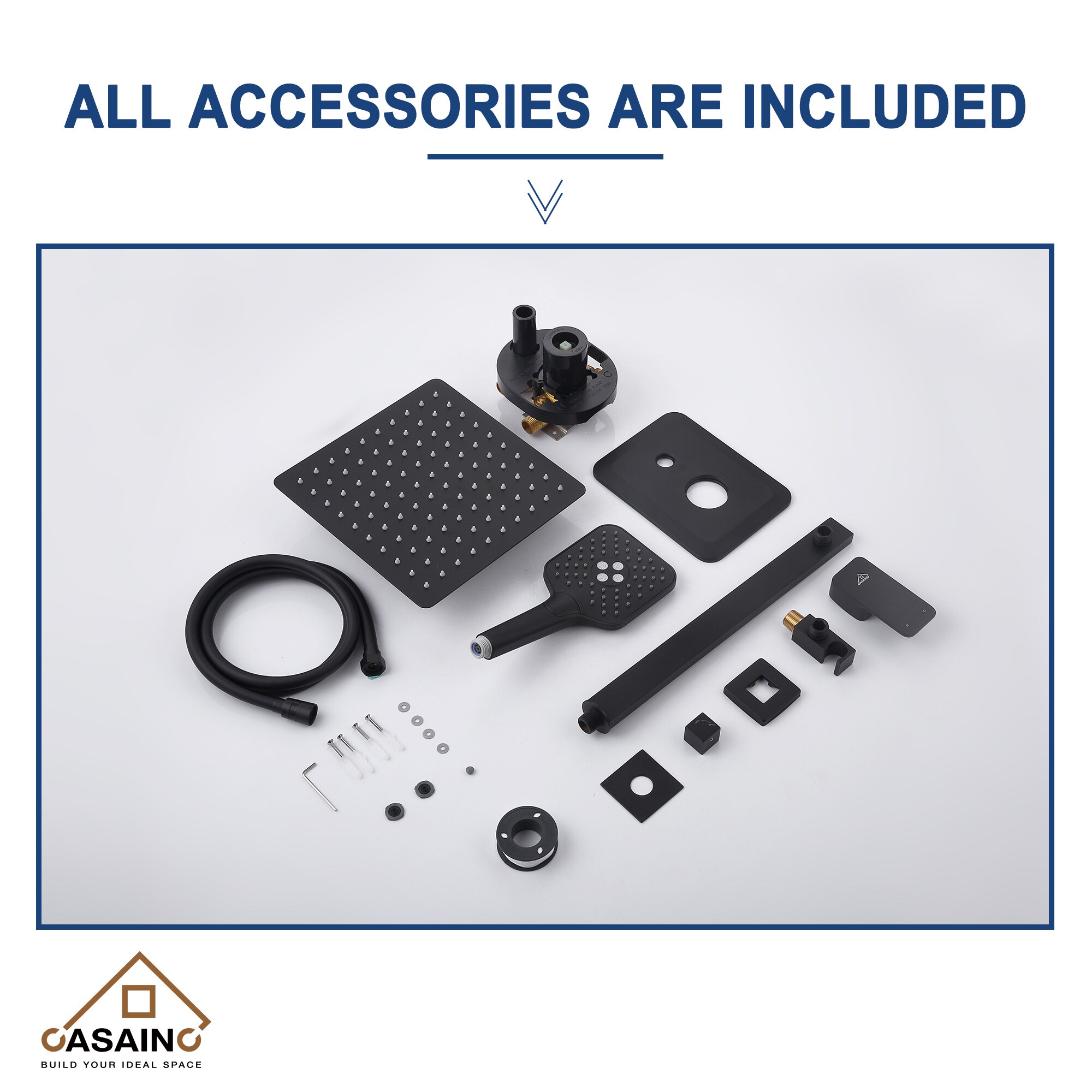 Sistema de regadera CASAINC en negro mate con 1 mango, función única, cabezal cuadrado de 9.8 pulgadas y válvula HM-B205-SQ-MB.