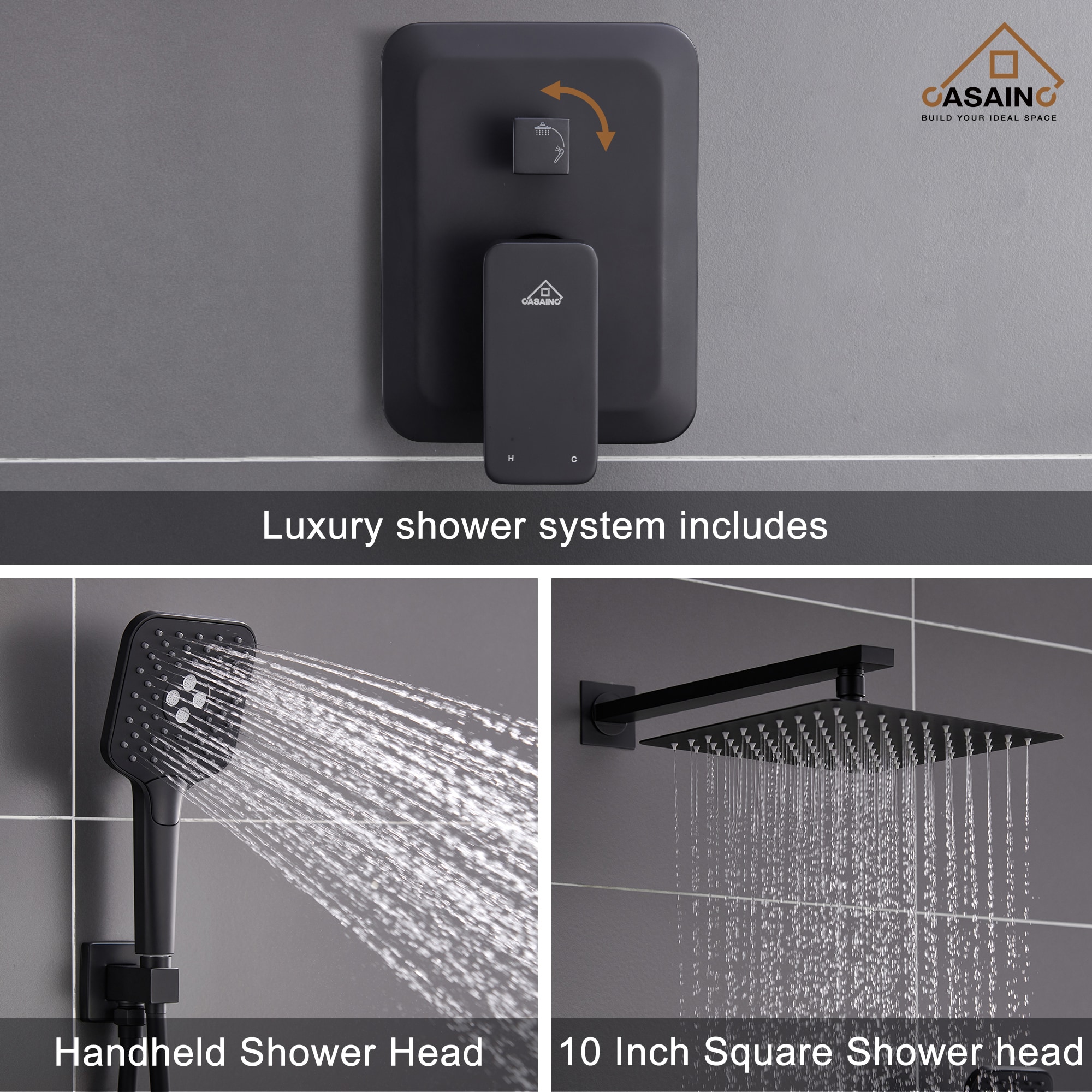 Sistema de regadera CASAINC en negro mate con 1 mango, función única, cabezal cuadrado de 9.8 pulgadas y válvula HM-B205-SQ-MB.