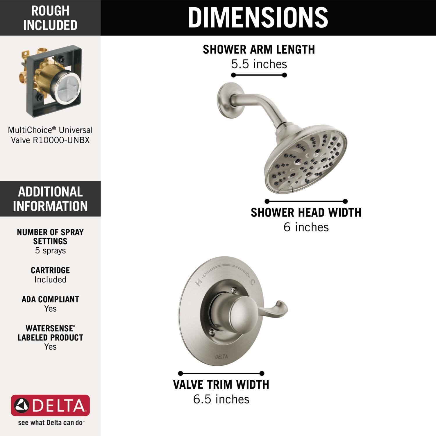 Grifo de ducha redondo de acero inoxidable con tecnología Spotshield de una sola manija y funciones múltiples de Delta Esato con válvula 142897-SP