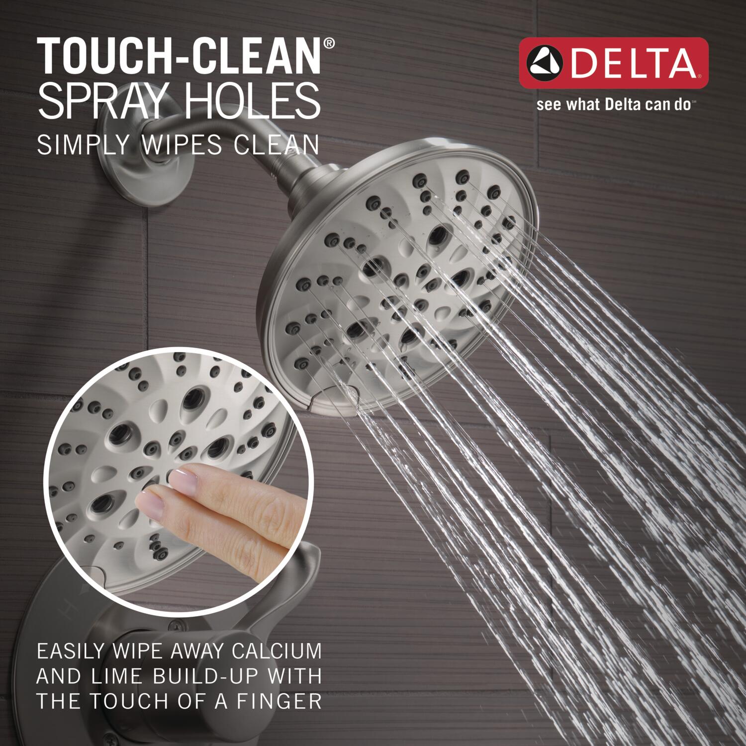 Grifo de ducha redondo de acero inoxidable con tecnología Spotshield de una sola manija y funciones múltiples de Delta Esato con válvula 142897-SP