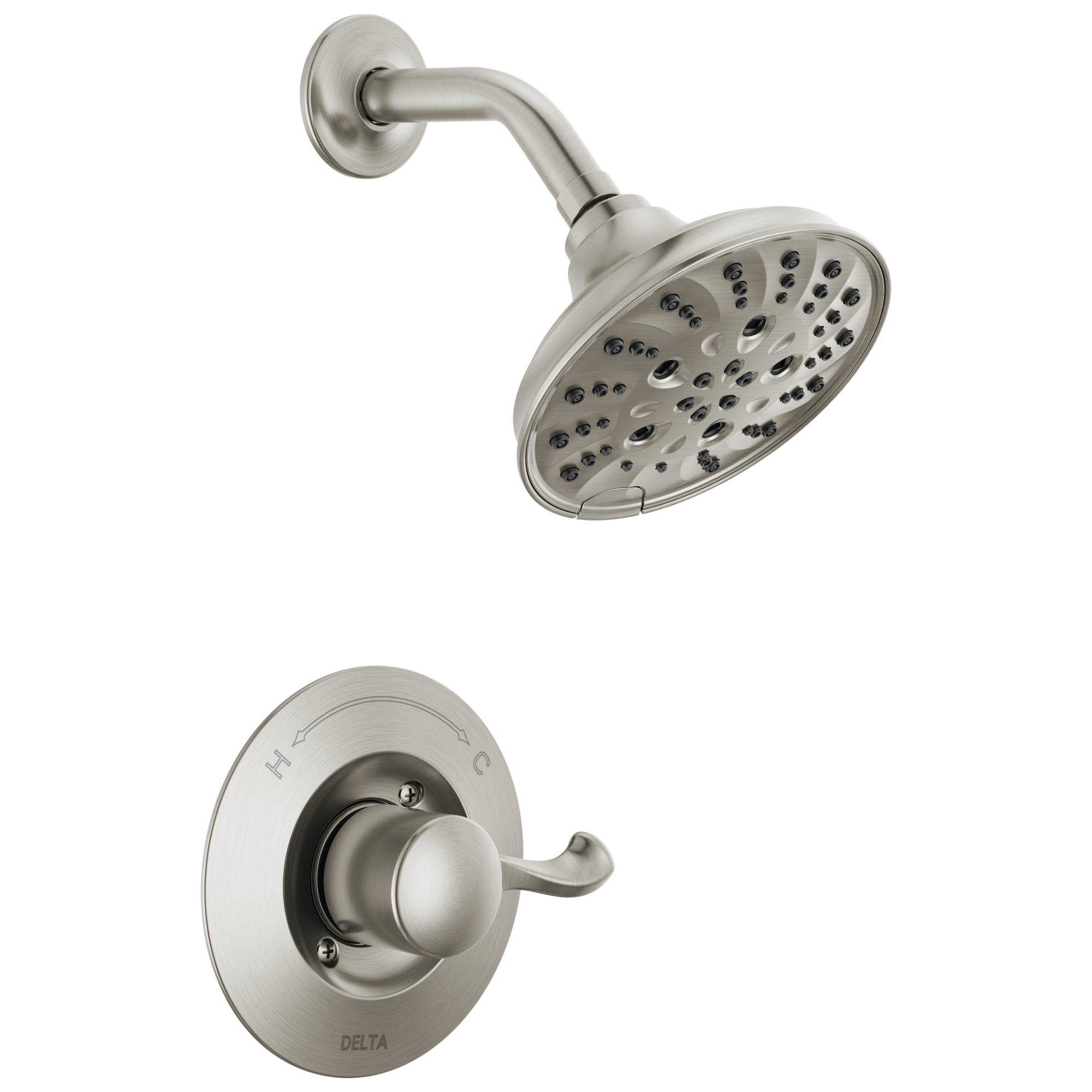 Grifo de ducha redondo de acero inoxidable con tecnología Spotshield de una sola manija y funciones múltiples de Delta Esato con válvula 142897-SP