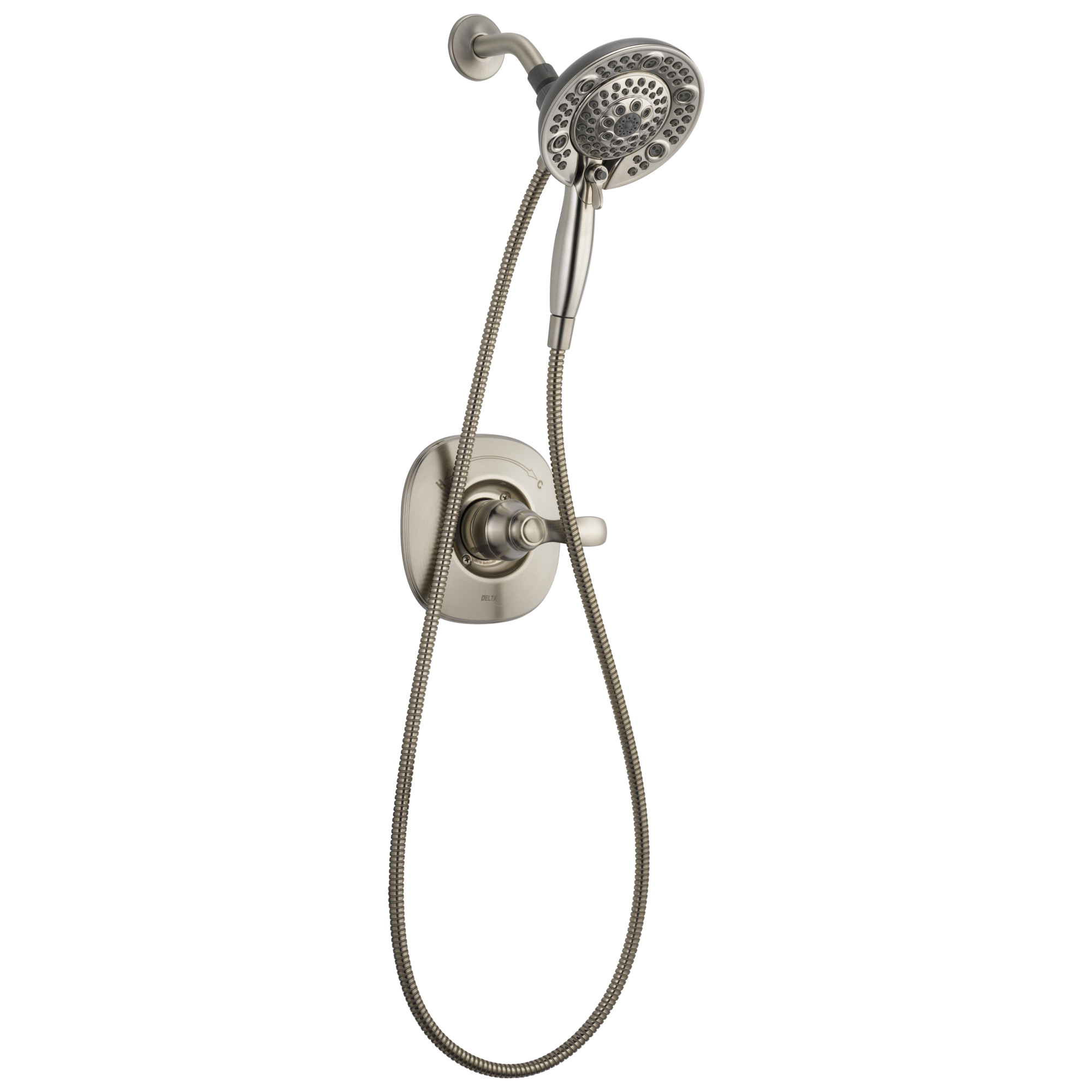 Grifo de regadera redonda de acero inoxidable Delta Nura con manija única y función multiusos de 6.5 pulgadas con válvula 142710C-SS-I20