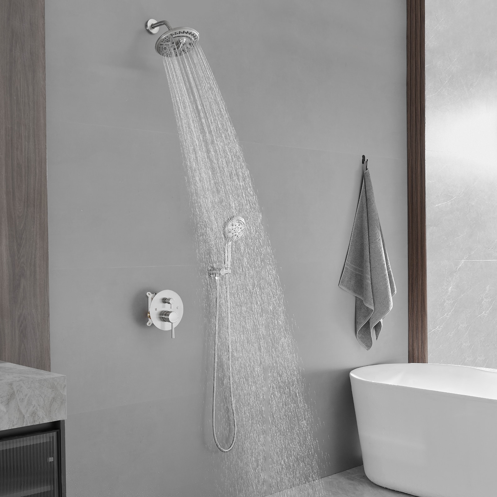 Faucet de ducha redondo de 1 manija de función múltiple de 13.58 pulgadas en níquel cepillado con válvula A-98017-N.
