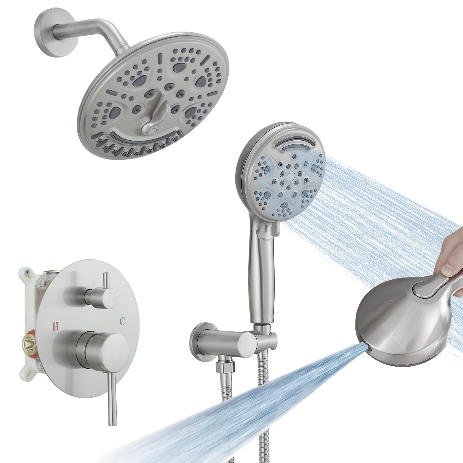 Faucet de ducha redondo de 1 manija de función múltiple de 13.58 pulgadas en níquel cepillado con válvula A-98017-N.