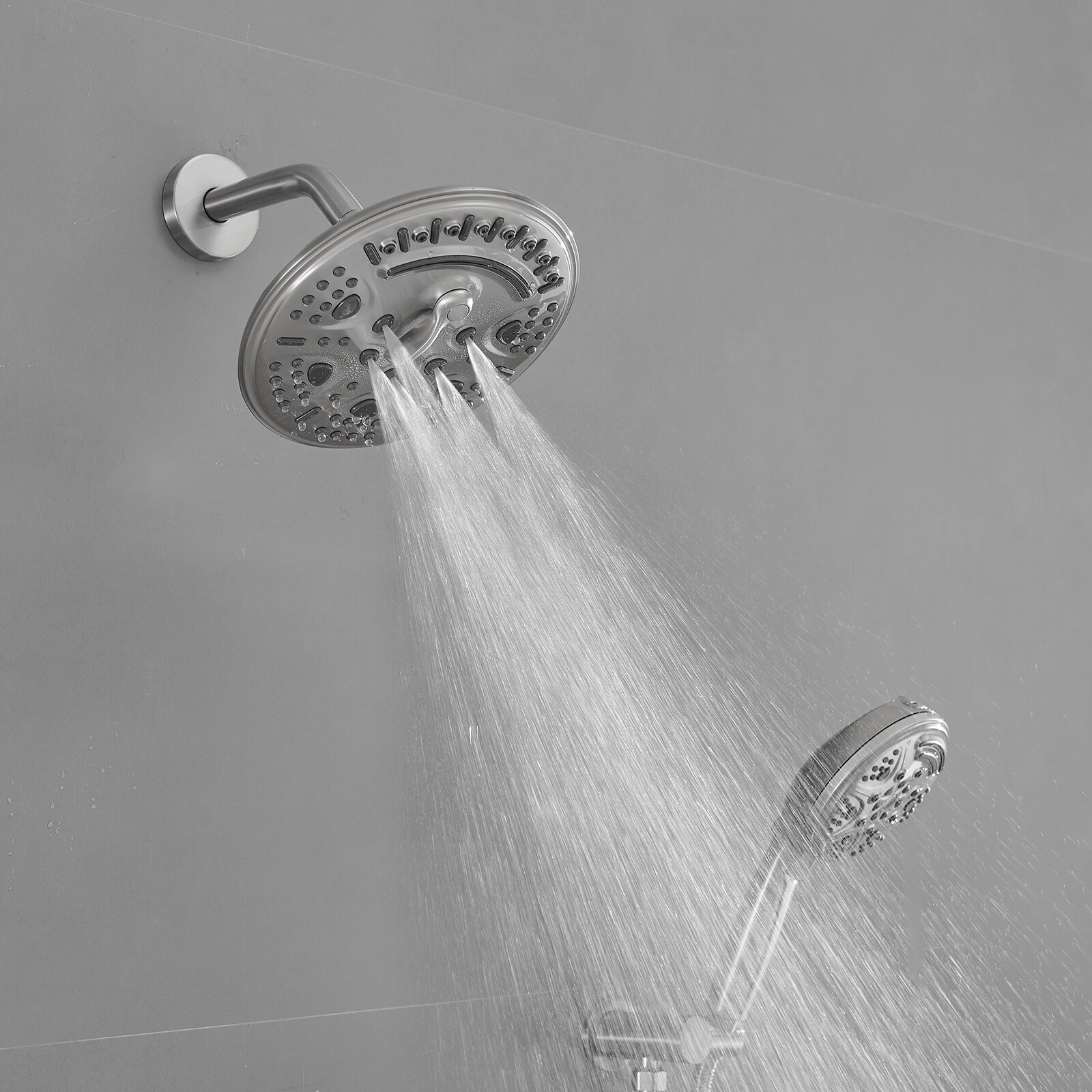 Faucet de ducha redondo de 1 manija de función múltiple de 13.58 pulgadas en níquel cepillado con válvula A-98017-N.