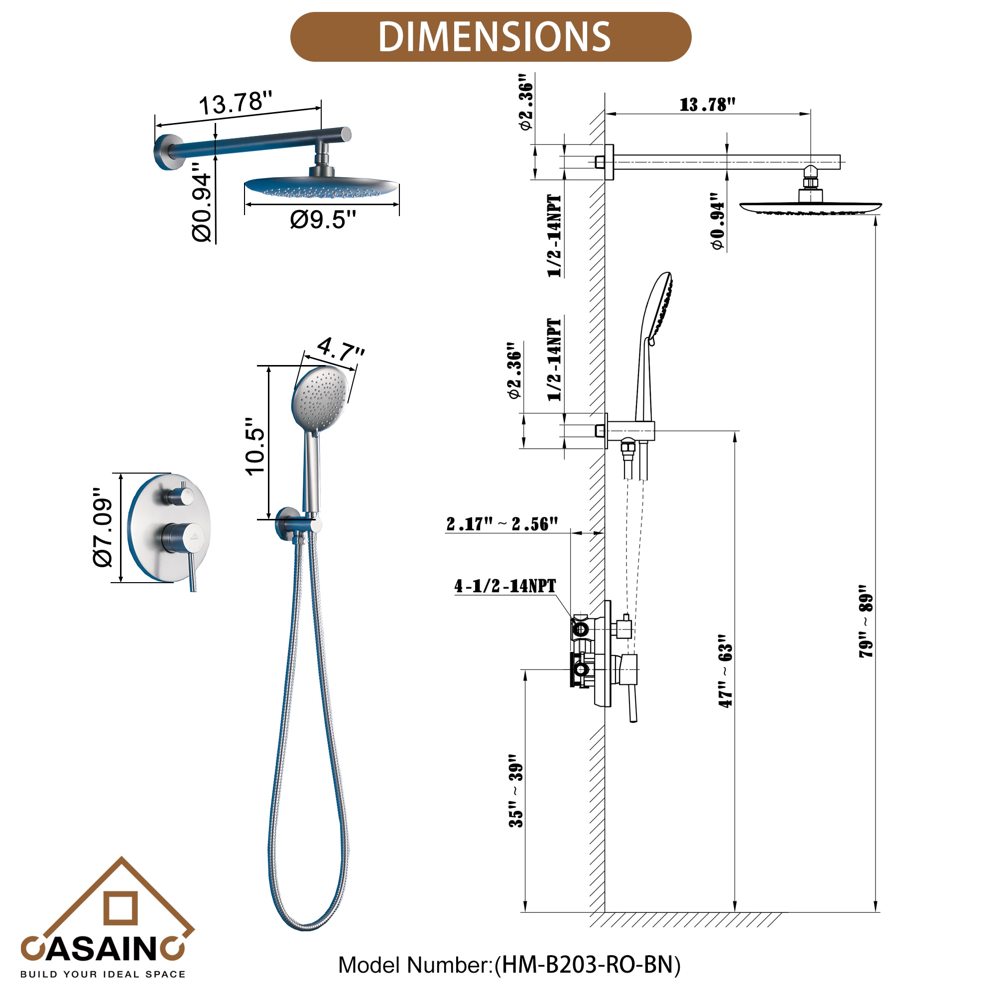 Sistema de regadera CASAINC en níquel cepillado de 1 manija con función única de 9.5 pulgadas y válvula HM-B203-RO-BN