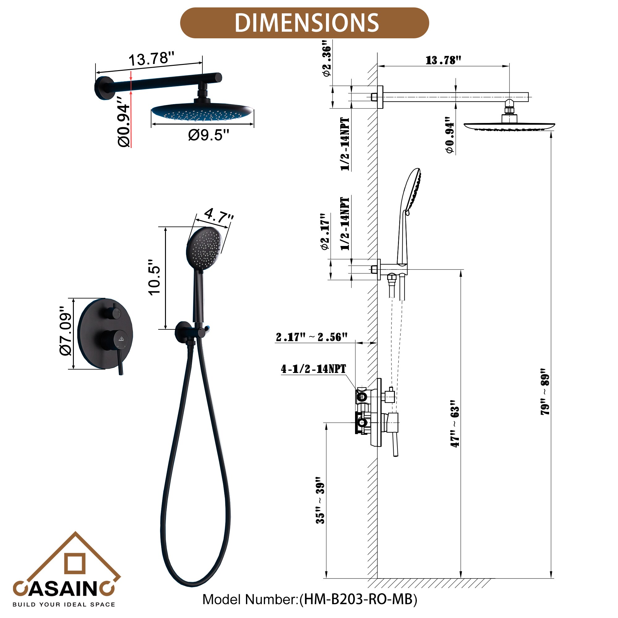 Sistema de ducha Negro Mate de una sola manija con función única de 9.5 pulgadas redonda con válvula HM-B203-RO-MB de CASAINC.