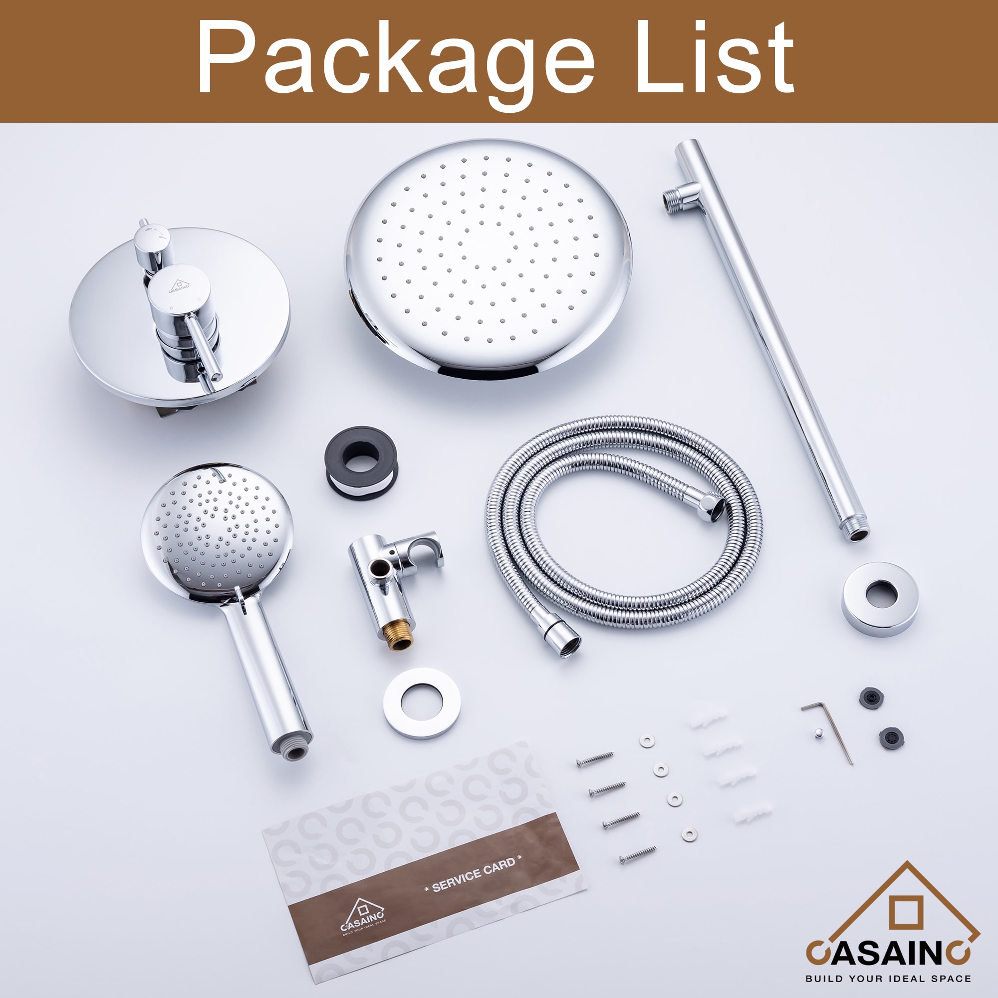 Sistema de ducha CASAINC cromado de una sola manija y función única de 9.5 pulgadas con válvula HM-B203-RO-CP