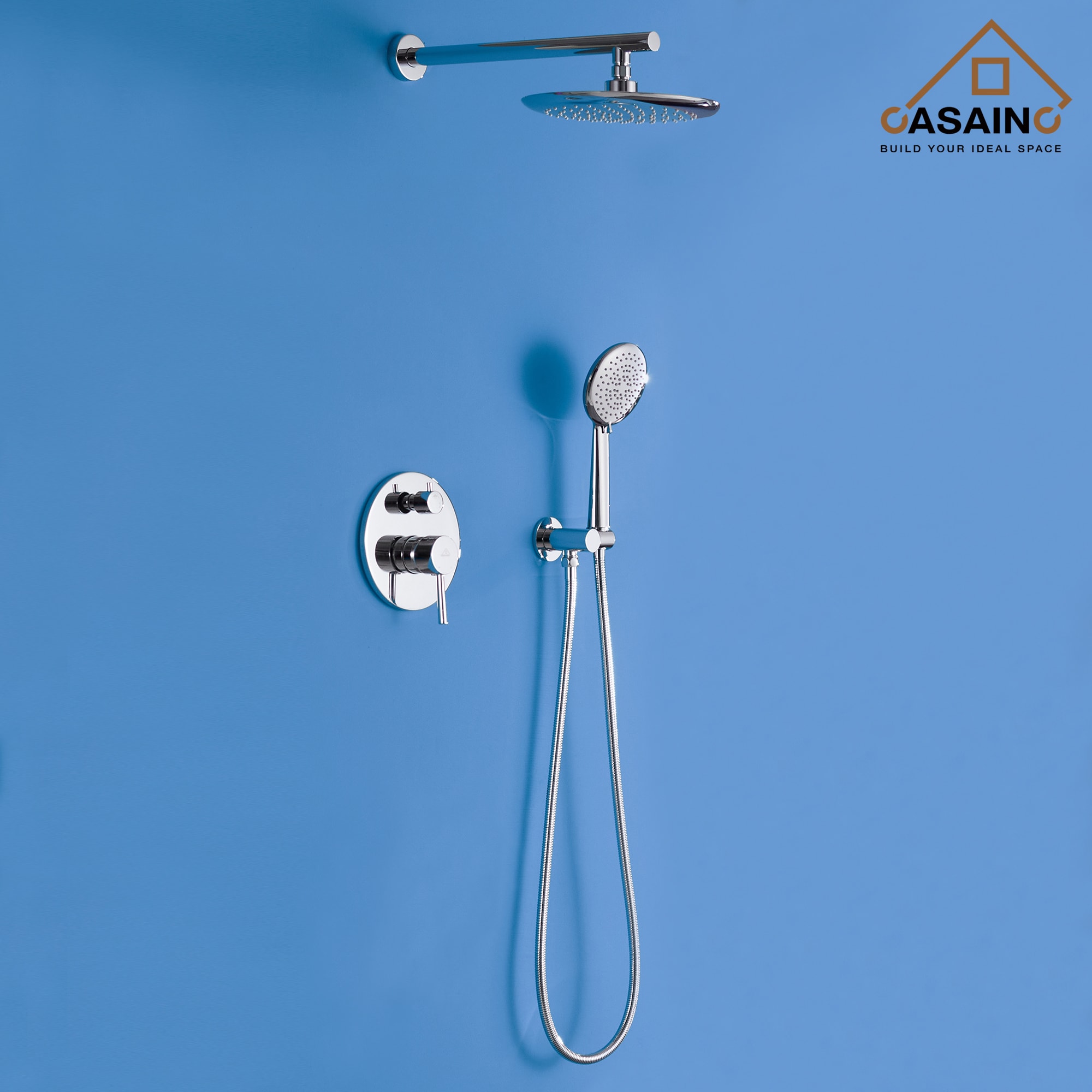 Sistema de ducha CASAINC cromado de una sola manija y función única de 9.5 pulgadas con válvula HM-B203-RO-CP