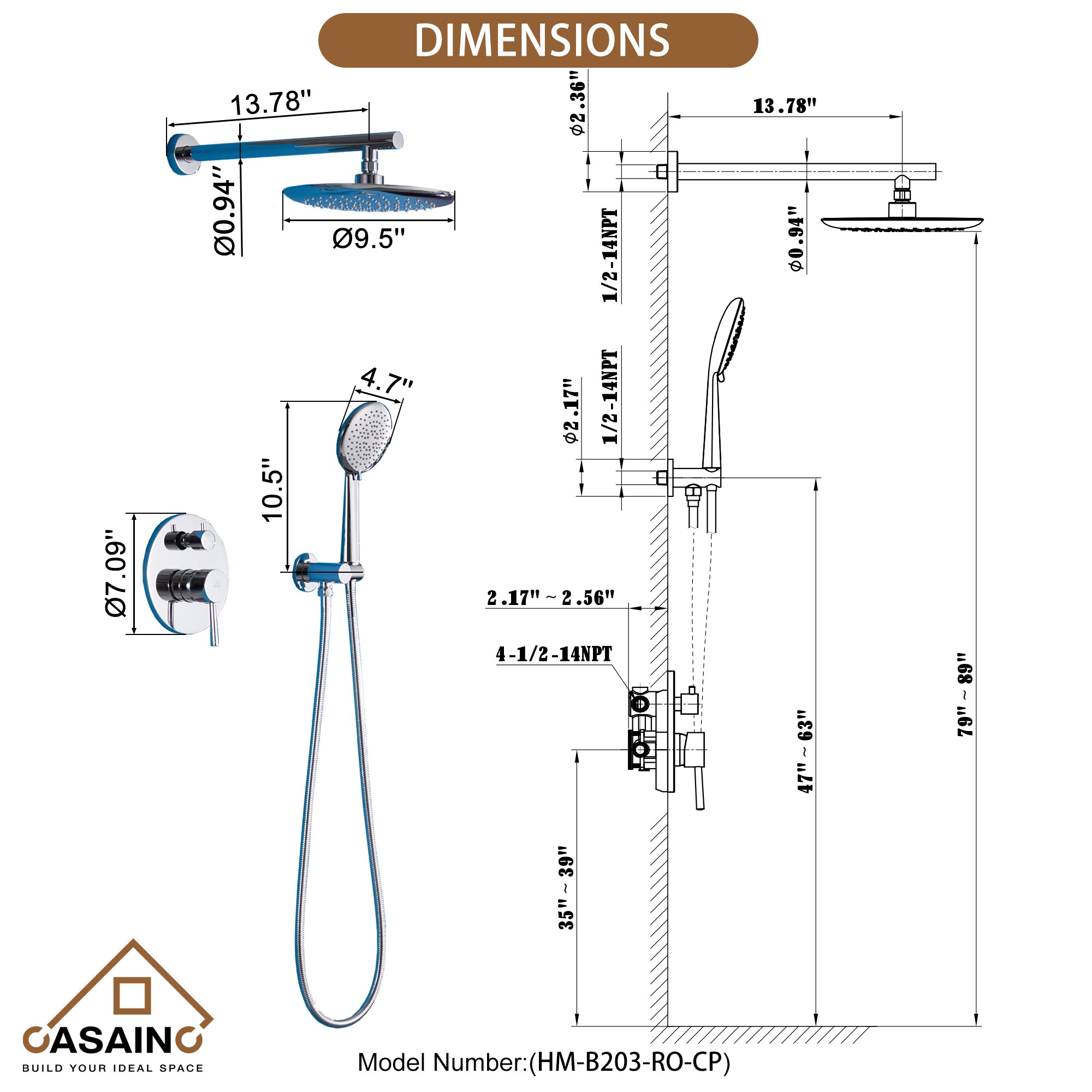 Sistema de ducha CASAINC cromado de una sola manija y función única de 9.5 pulgadas con válvula HM-B203-RO-CP