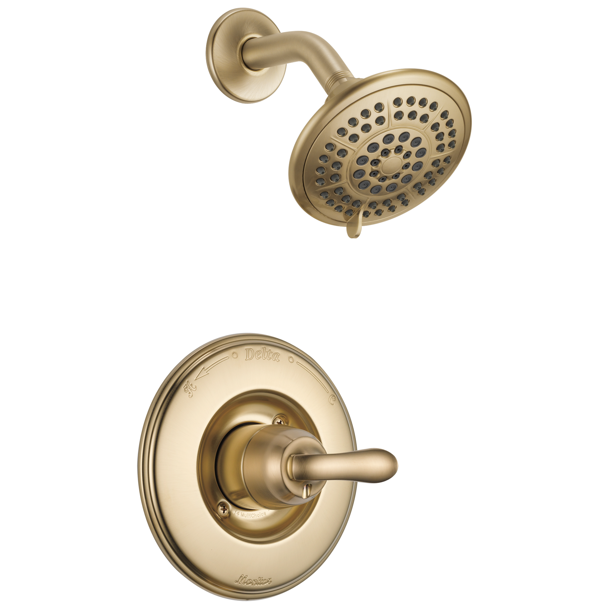 Grifo de ducha redondo de una sola manija y funciones múltiples en acabado bronce champagne Delta Linden T14294-CZ de 5.125 pulgadas.