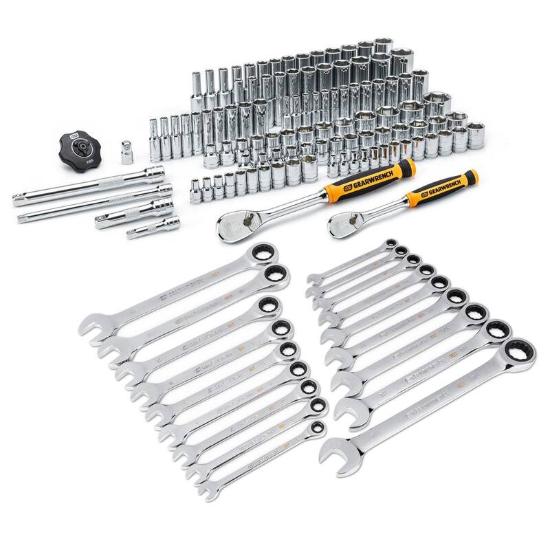 Set de herramientas mecánicas GEARWRENCH de 1/4 y 3/8 pulgadas, con puntas de 6 puntos estándar/profundas SAE/MM y 90 dientes, incluye llaves trinquete (124 piezas) - 8300186698CB.