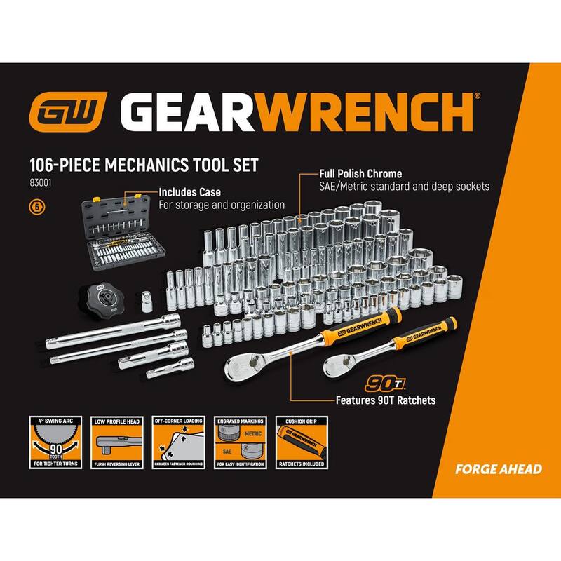 Set de herramientas mecánicas GEARWRENCH de 1/4 y 3/8 pulgadas, con puntas de 6 puntos estándar/profundas SAE/MM y 90 dientes, incluye llaves trinquete (124 piezas) - 8300186698CB.