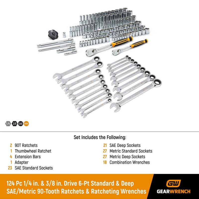 Set de herramientas mecánicas GEARWRENCH de 1/4 y 3/8 pulgadas, con puntas de 6 puntos estándar/profundas SAE/MM y 90 dientes, incluye llaves trinquete (124 piezas) - 8300186698CB.
