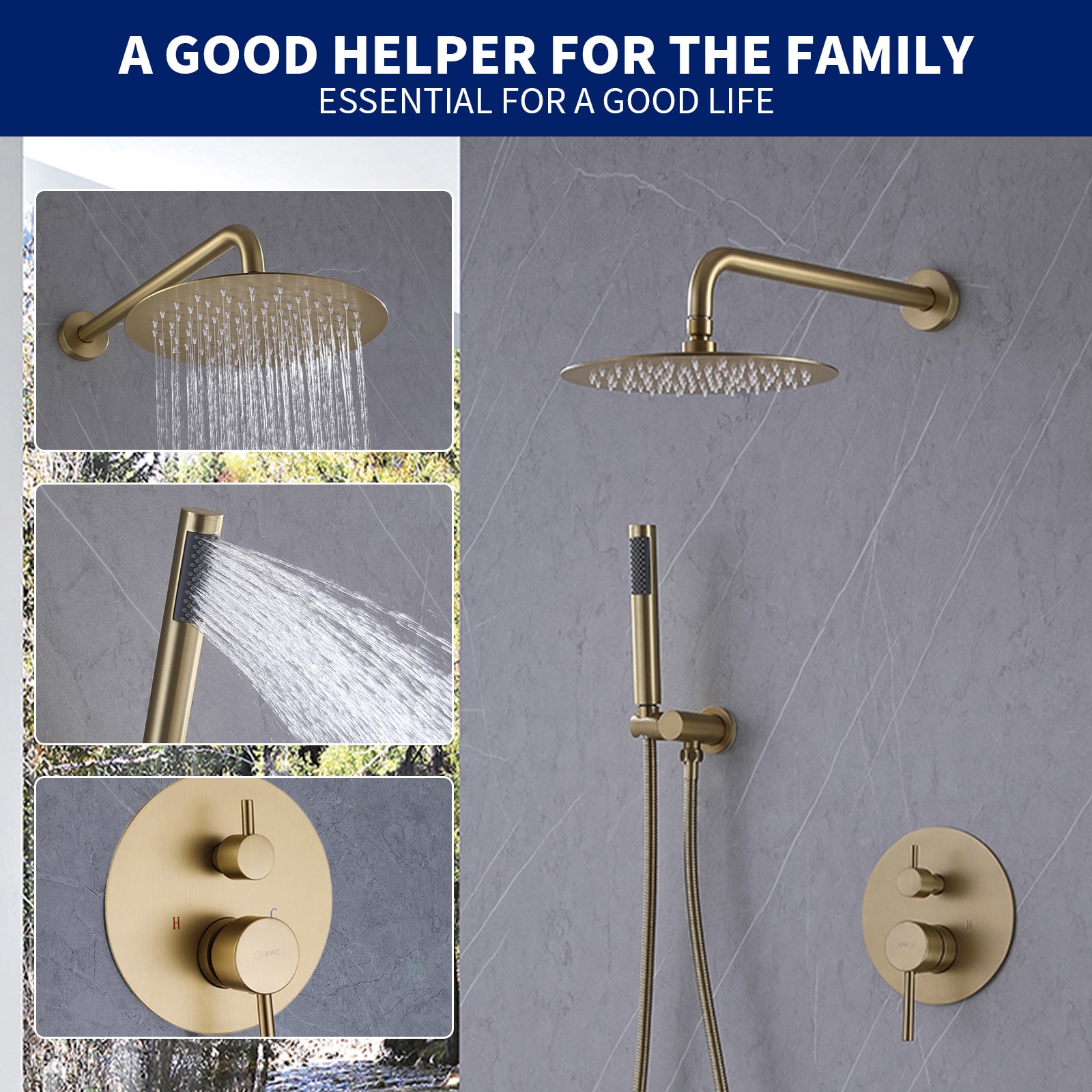Regadera de Baño Color Oro Cepillado con Una Manija Función Única de 10 pulgadas con Válvula A-98002-BG
