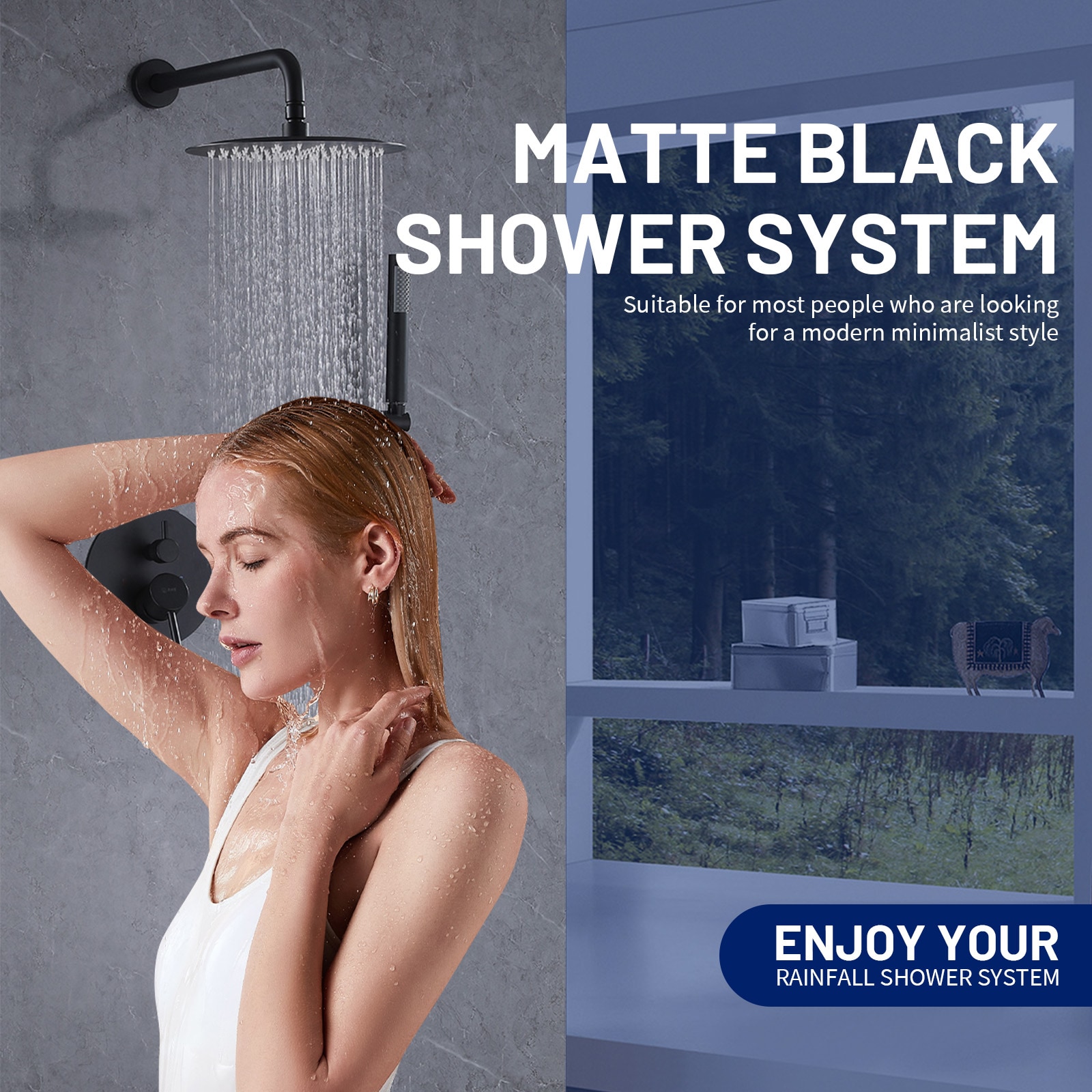 Regadera BWE A-98002 Negra Mate de 1 Manija Multifunción con Válvula de 10 pulgadas de Diámetro