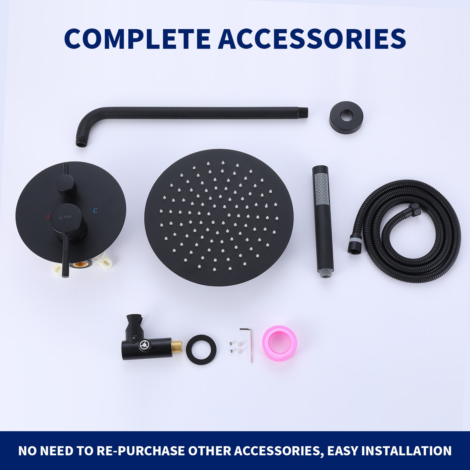 Regadera BWE A-98002 Negra Mate de 1 Manija Multifunción con Válvula de 10 pulgadas de Diámetro