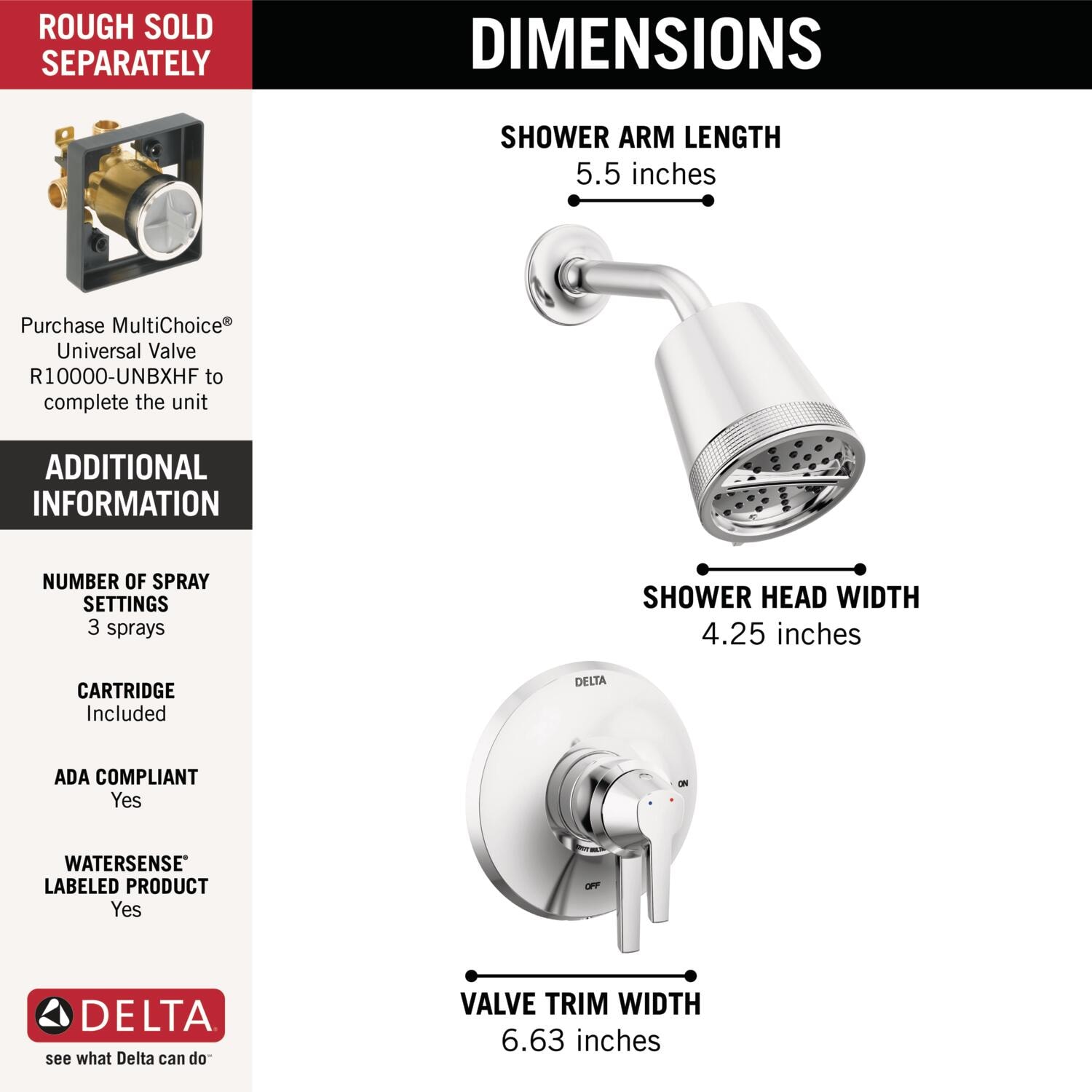 Grifo de ducha redondo de 4.25 pulgadas con 2 manijas y funciones múltiples Lumicoat Chrome de Delta Galeon T17271-PR