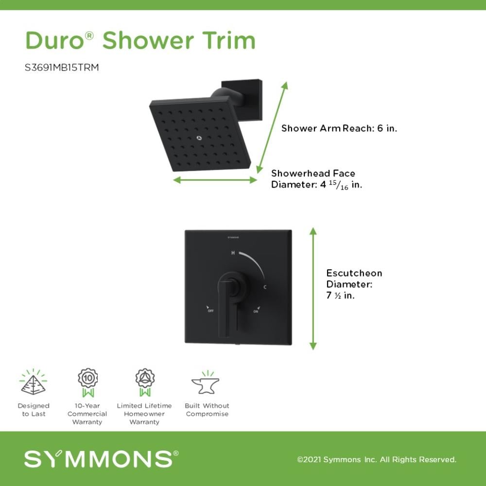 Monomando para regadera cuadrada de 4.92 pulgadas en acabado negro mate Duro de Symmons